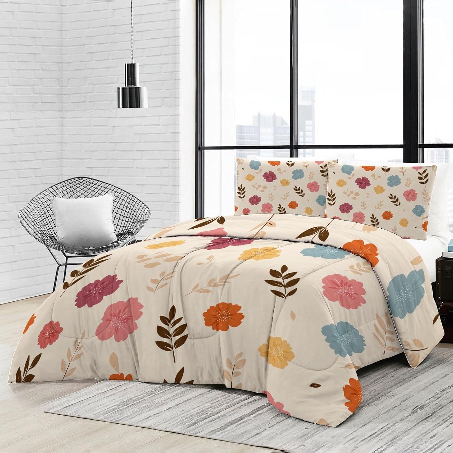 Beige Reversible Comforter Set King, Hand Drawn Plants Flowers Printed Comforter Set 3-Piece with 1 Comforter & 2 Pillowcases, Soft Microfiber Quilted Bedding for All Season