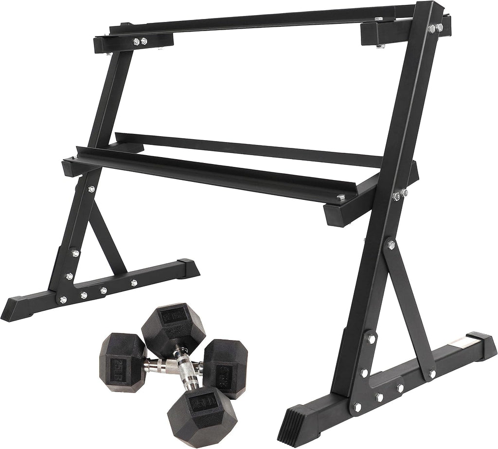 Signature Fitness Fitvids Rubber Encased Hex Dumbbell – 25LB Pair with 2-Tier Rack – 25LB Pair with 2T-Rack, Bundle – Black