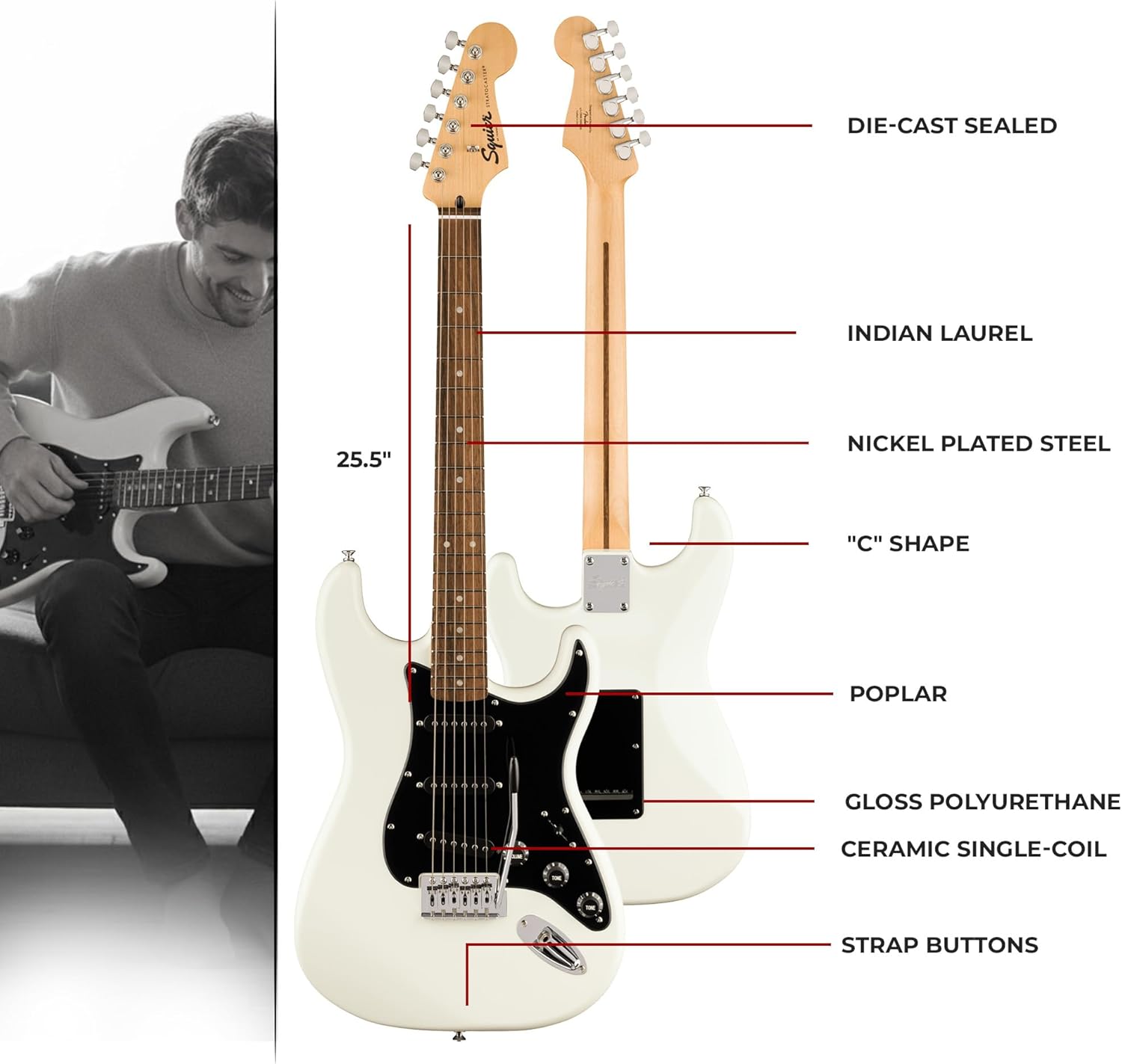 Fender FSR Squier Sonic Stratocaster, Laurel Fingerboard, Black Pickguard, Arctic White