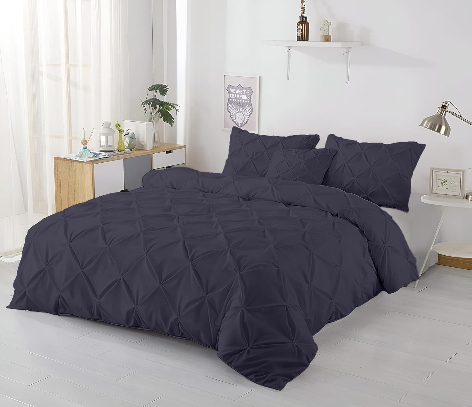 Kotton Culture 120'x 120' 3 Pc Super King Plus Pinch Pleated - Pintuck Duvet Cover Set - 100% Egyptian Cotton 600 TC - Zipper Closure & 7 Internal Ties- Fits Extra Large King Inserts - Dark Grey