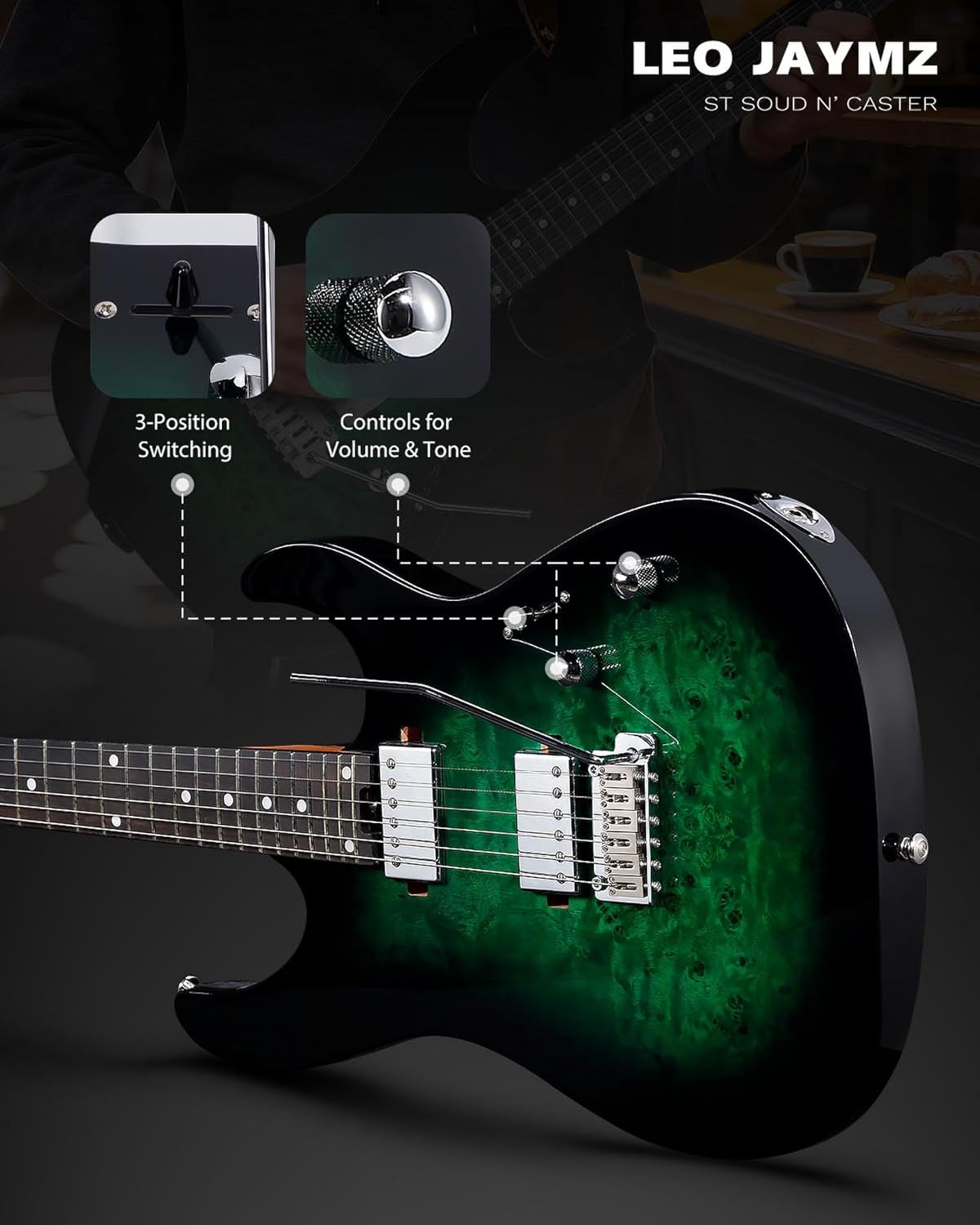 Leo Jaymz ST Pro Electric Guitar with Coil-Split, Roasted Maple Neck, Rosewood Fingerboard, Mahogany Body, Alnico 5 Pickups