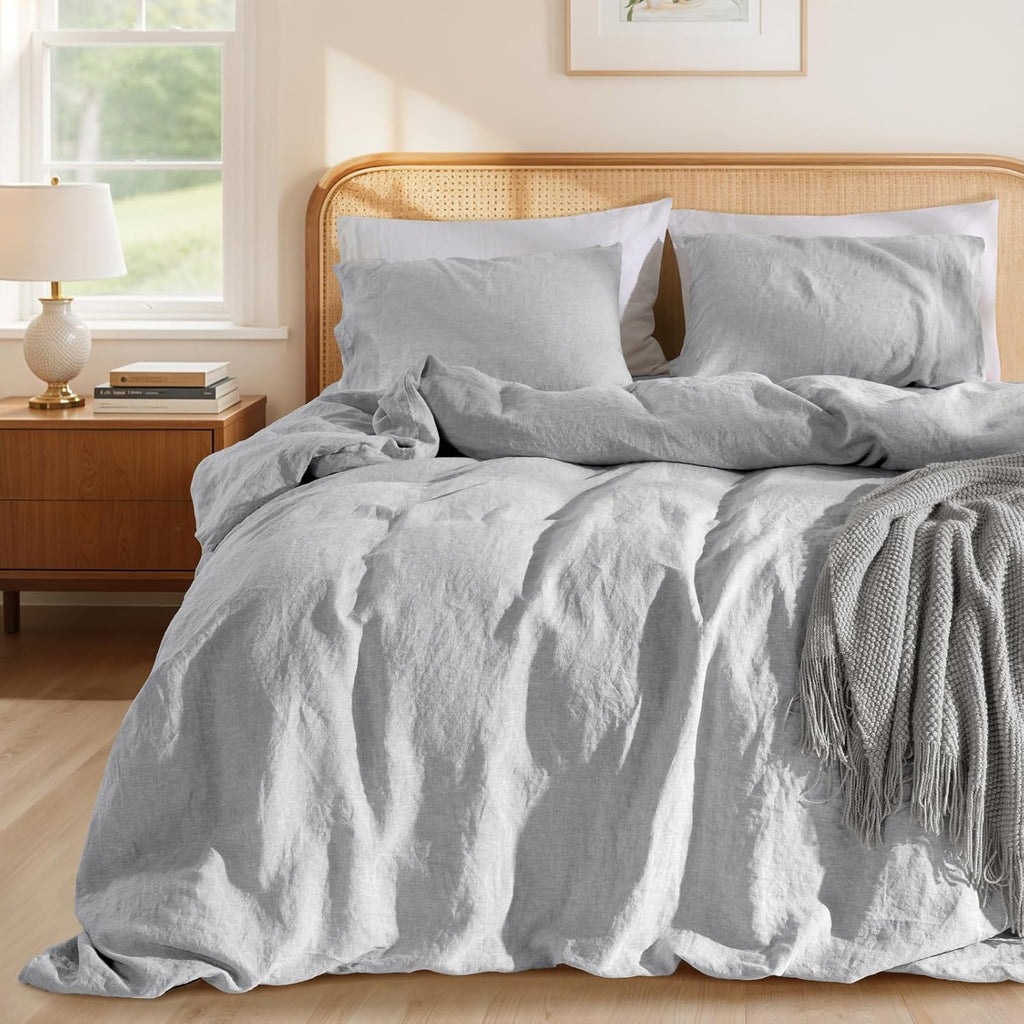 LBRO2M 100% France Linen Duvet Cover Set 3 Pcs Flax Comforter Cover with Zipper Closure 2 Pillowcase 1 Breathable Duvet Cover California King Size Gray