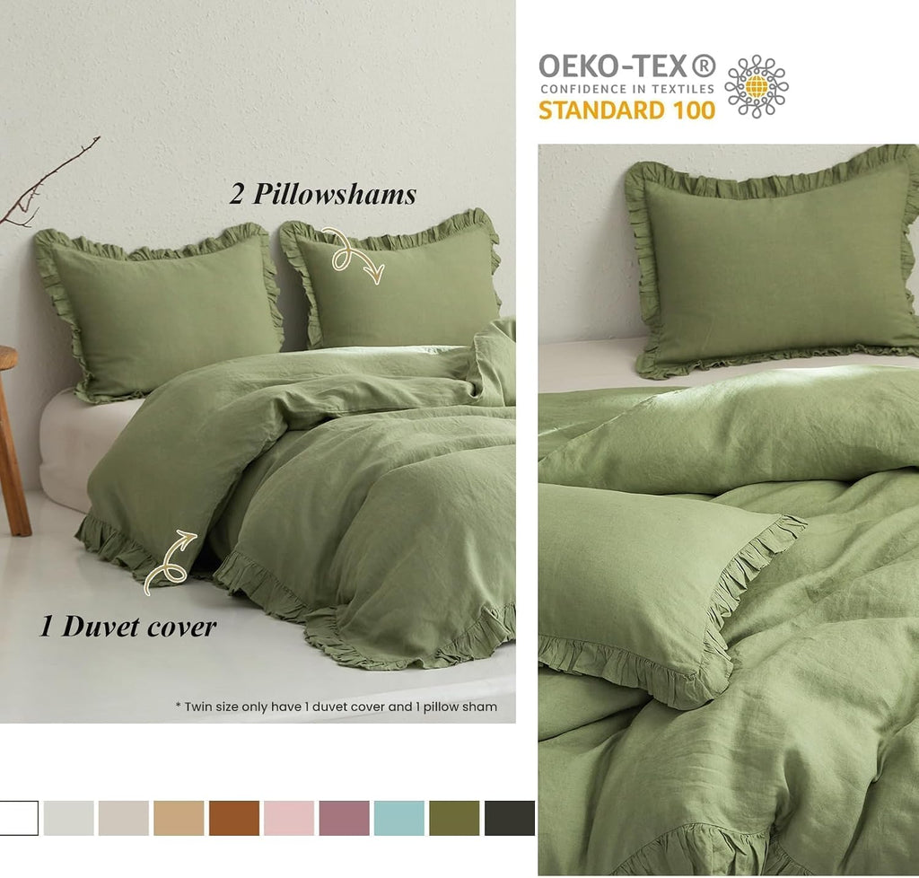 Simple&Opulence 100% Linen Duvet Cover Set, 3 PCS Natural French Flax Sage Green Ruffle Duvet Cover Full Size, Breathable Comfy Linen Bedding Comforter Cover with 2 Pillowcases (Sage Green, 78' X 86')