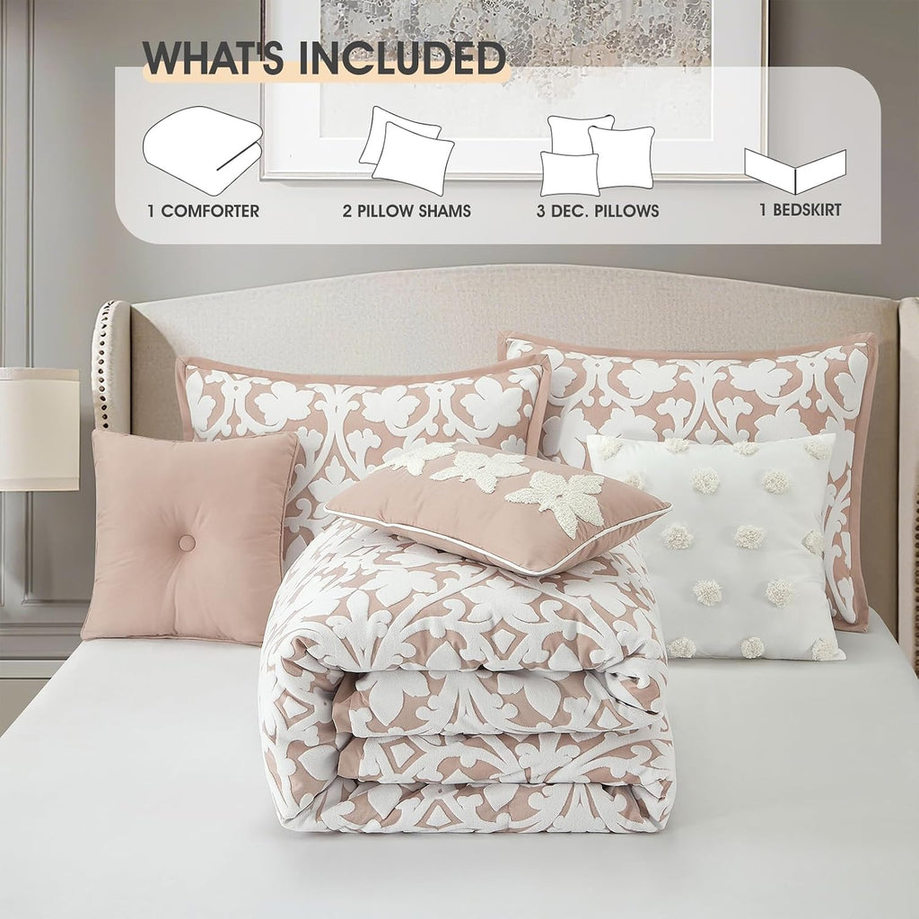 LANCO MODERN LIFESTYLE 7 Pieces Comforter Set, King, Blush, Jacquard Floral Pattern and Classy Damask Medallion Design, Ultra Soft, Includes Bed Skirt, Shams, and Decorative Pillows