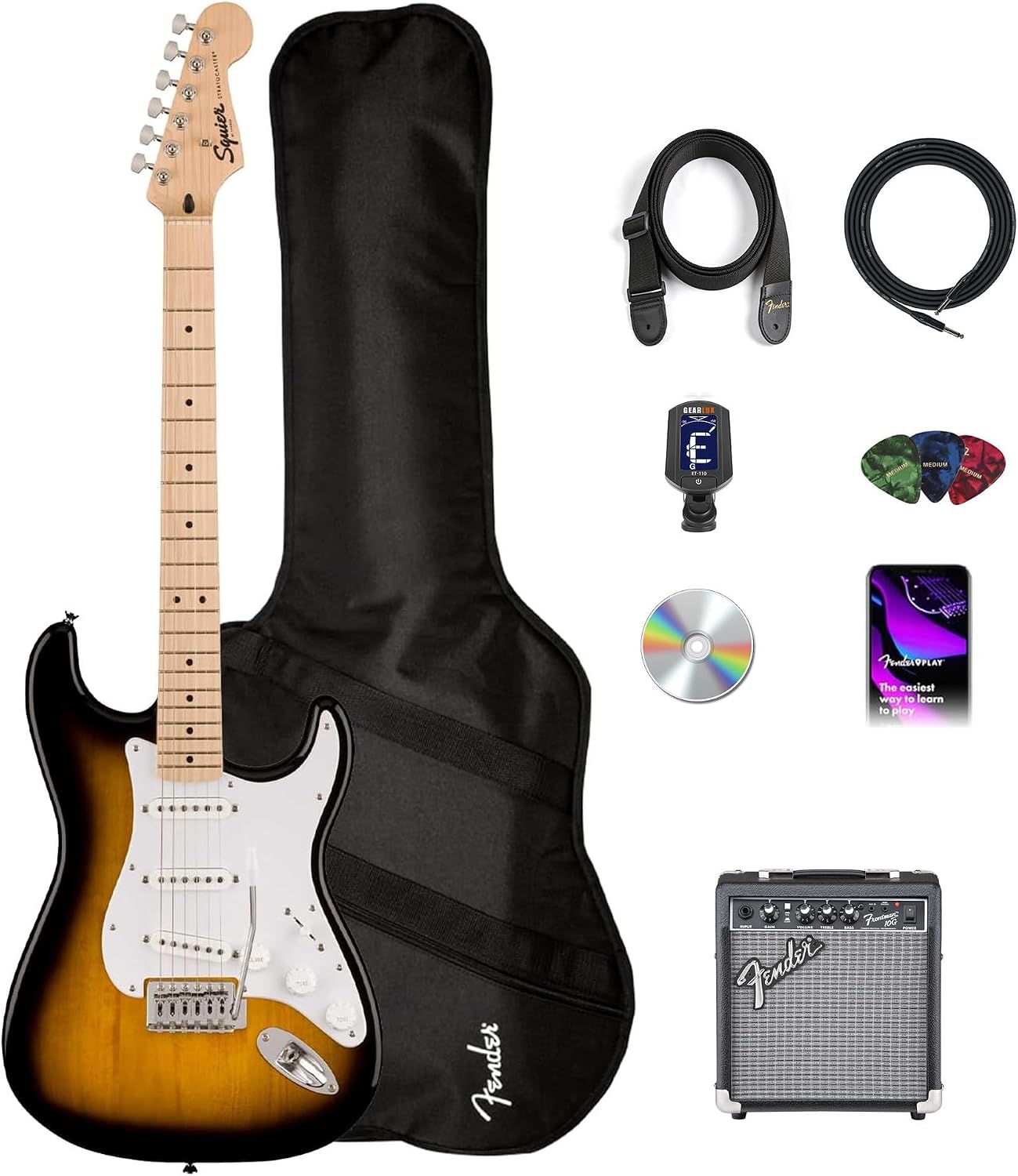 Fender Squier Sonic Stratocaster Pack - 2-Color Sunburst Bundle with Frontman 10G Amplifier, Gig Bag, Tuner, Strap, Instrument Cable, Picks, and Austin Bazaar Instructional DVD