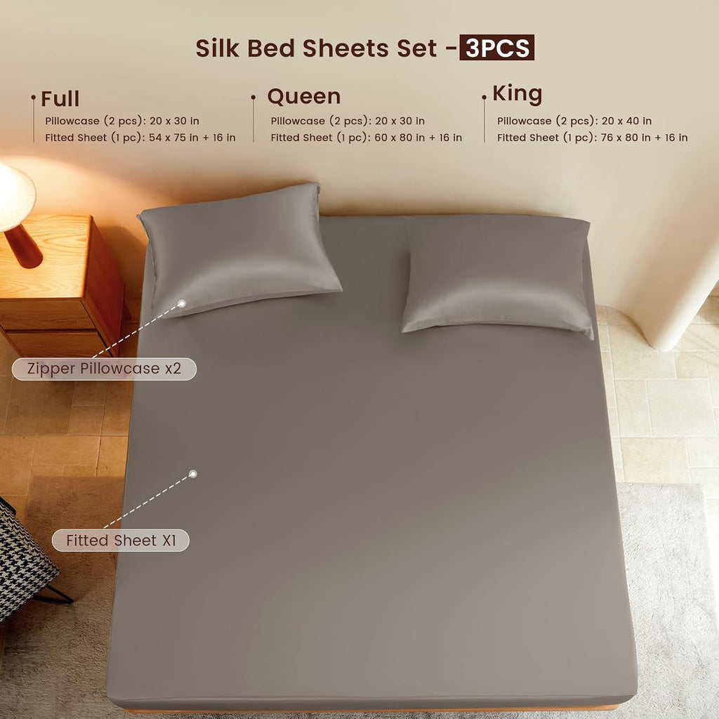 THXSILK Luxury Mulberry Silk Fitted Sheet Set 3 Pcs, King Silk Bed Sheet Set with 16' Deep Pockets, Soft & Cooling Sheets, 1 Fitted Sheet, 2 Pillowcases with Zipper Closure - Charcoal