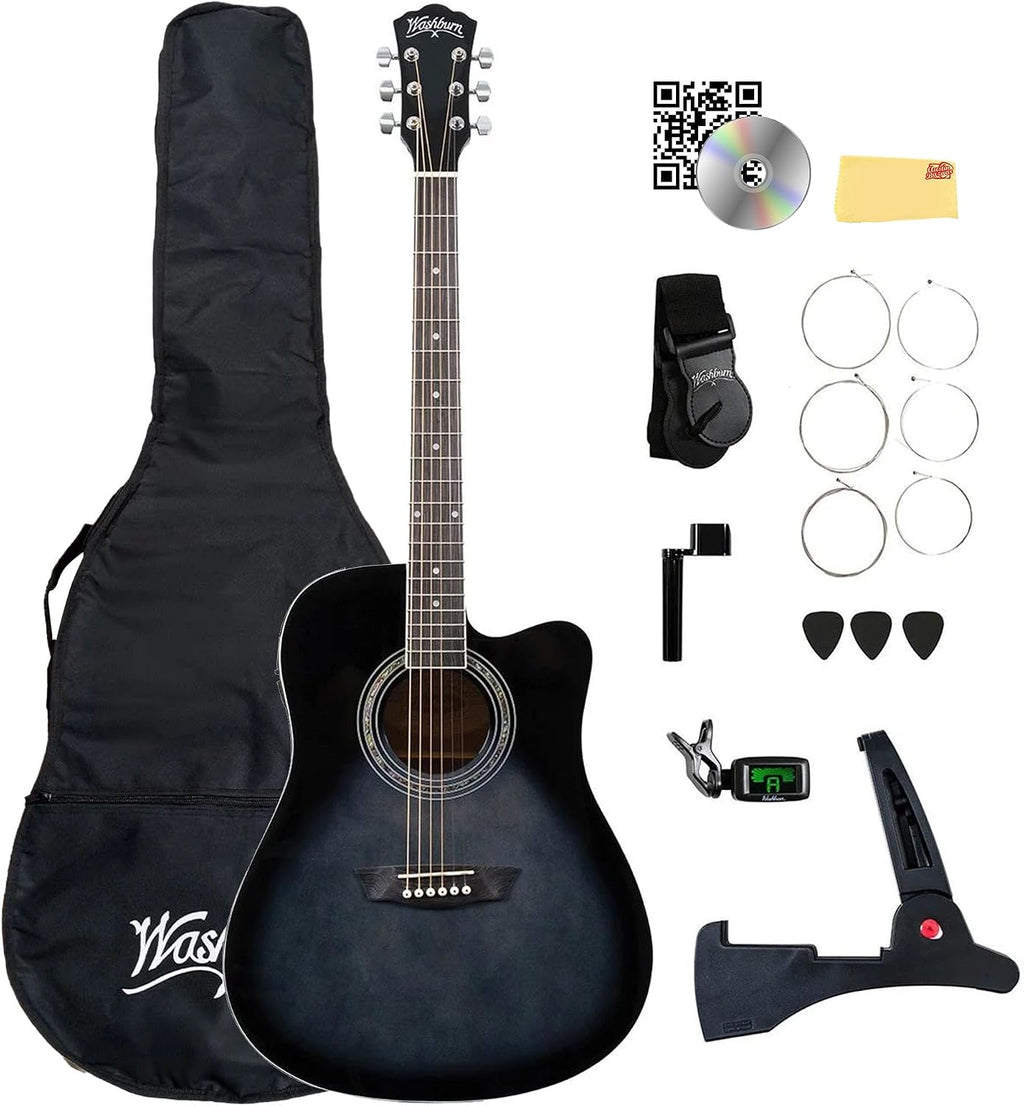 Washburn WA90CE Acoustic-Electric Guitar Kit - Black Bundle with Gig Bag, Strap, Picks, Strings, Stand, Instructional DVD and Austin Bazaar Polishing Cloth