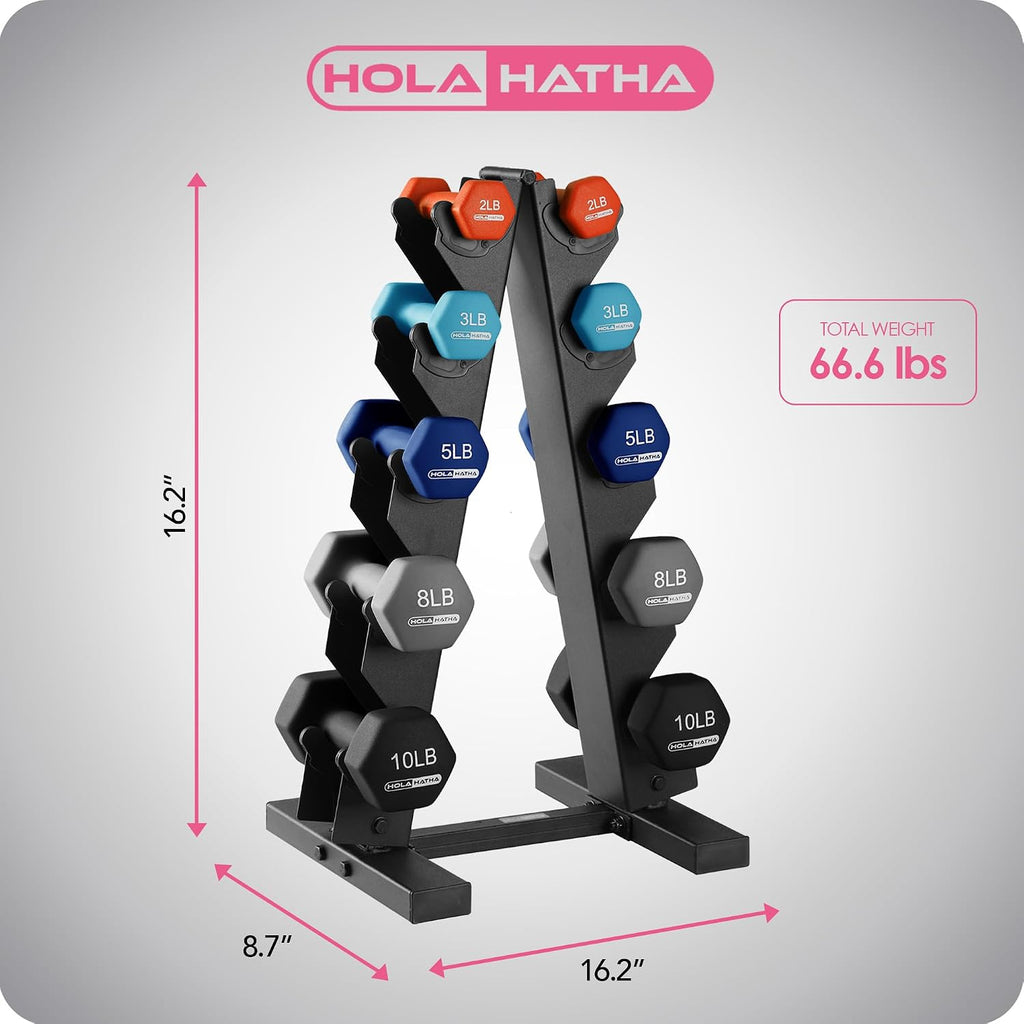 HolaHatha Neoprene Dumbbell Weights Set w/Rack, Home Gym Equipment - Portable Weighted Exercise Dumbbells for Fitness, Training, and Lifting Workouts