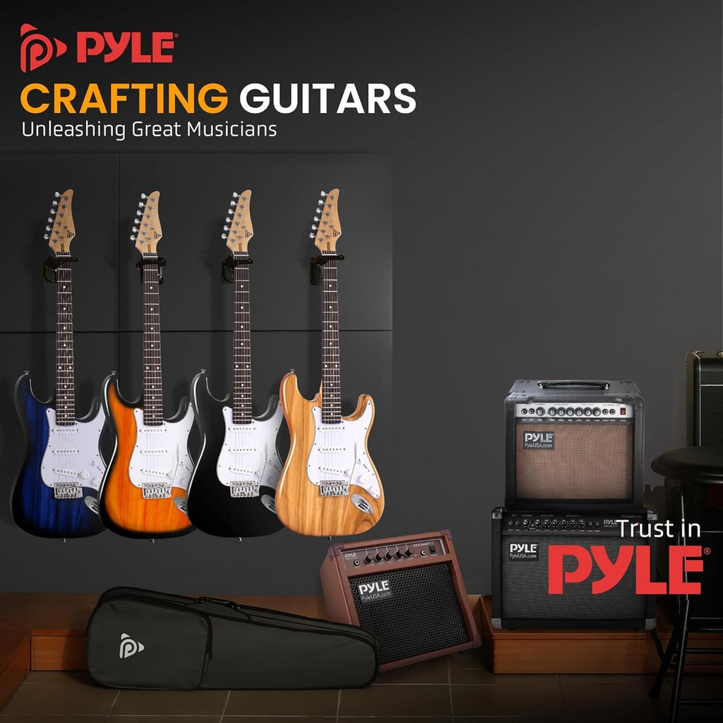 Pyle Electric Guitar and Amp Kit - Full Size 39' Complete Starter Kit with Wearable Bluetooth Amplifier, 1/4' Cable, Carry Case, Strap, Strings, Picks, Cleaning Cloth, ST-Style Pickups (Natural)