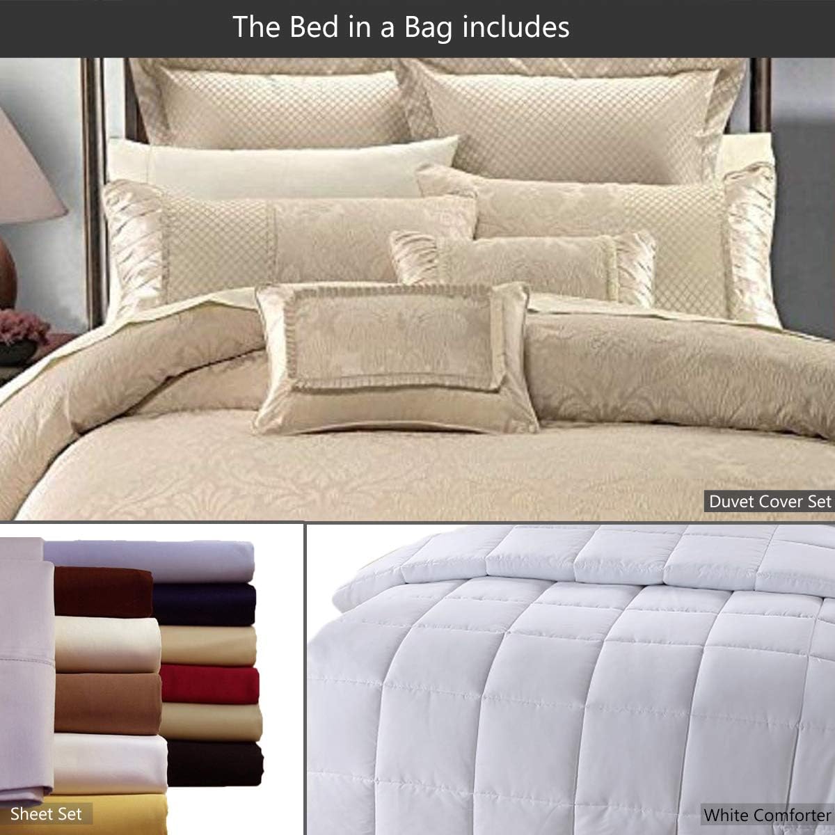 sheetsnthings Jacquard Full Size Comforter Set- 12PC Bed in a Bag Includes Sara (Beige) Duvet Cover Set, Down Alternative Comforter, Bed Sheets