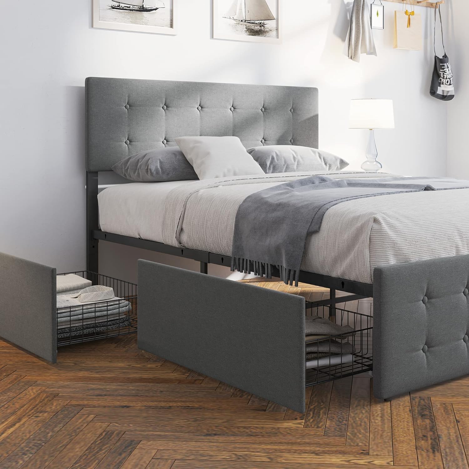 GAOMON Full Size Bed Frame with 4 Drawers Storage and Headboard, Tufted Upholstered Full Platform Bed Frame Mattress Foundation with Wood Slat Support, No Box Spring Needed, Noise-Free (Full)