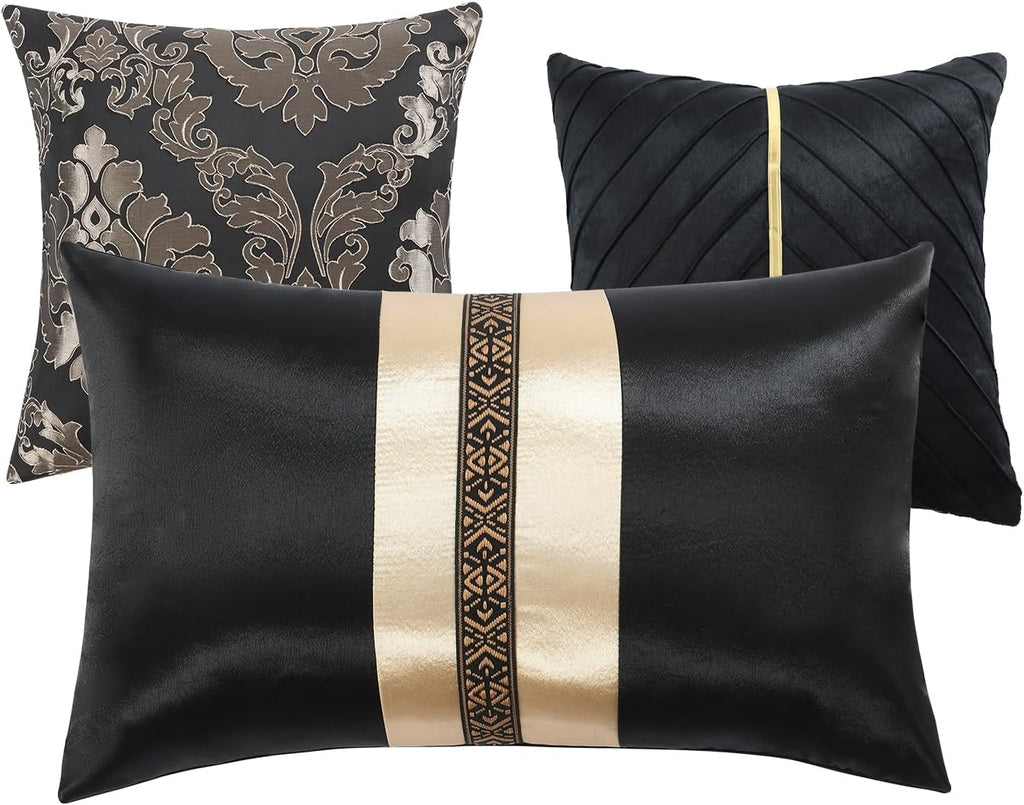 PANGUSHAN 7 Pieces Comforter Set Queen Size, Luxury Silky Elegant Jacquard Fluffy Reversible Bedding Set with Bed Skirt, Shams and Pillows, Bed in a Bag Queen, Down Alternative, Black/Gold