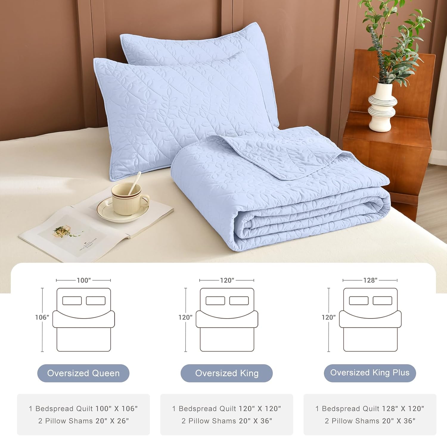 Lady Ann Light Blue Oversized King Bedspread 128x120, Leaves Pattern Printed Oversized King Quilt Set for Extra Large Bed, Lightweight & Soft Farmhouse Bedspreads & Coverlets, 3PCS