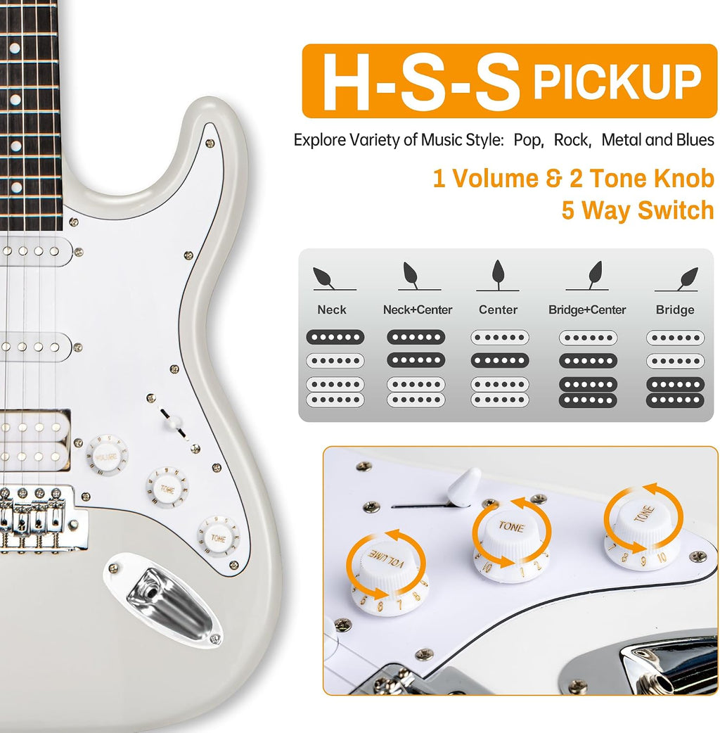 MOSEN Beginner Electric Guitar 39 inch Solid Body, HSS Pickup with Coil Split, Full Size Guitar Starter Set w/Amp, Gig Bag, Tuner, Capo, Cable, All Accessories,MS-SS60-White