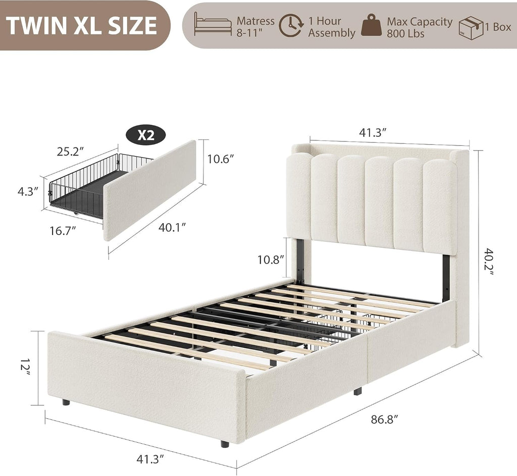 Garvee LED Twin XL Bed Frame with Storage Headboard, Kids Bed Frame with 2 Drawers, Boucle Upholstered Platform Bed for Girls, Chic Wavy Headboard with Bookcase, No Box Spring Needed, White