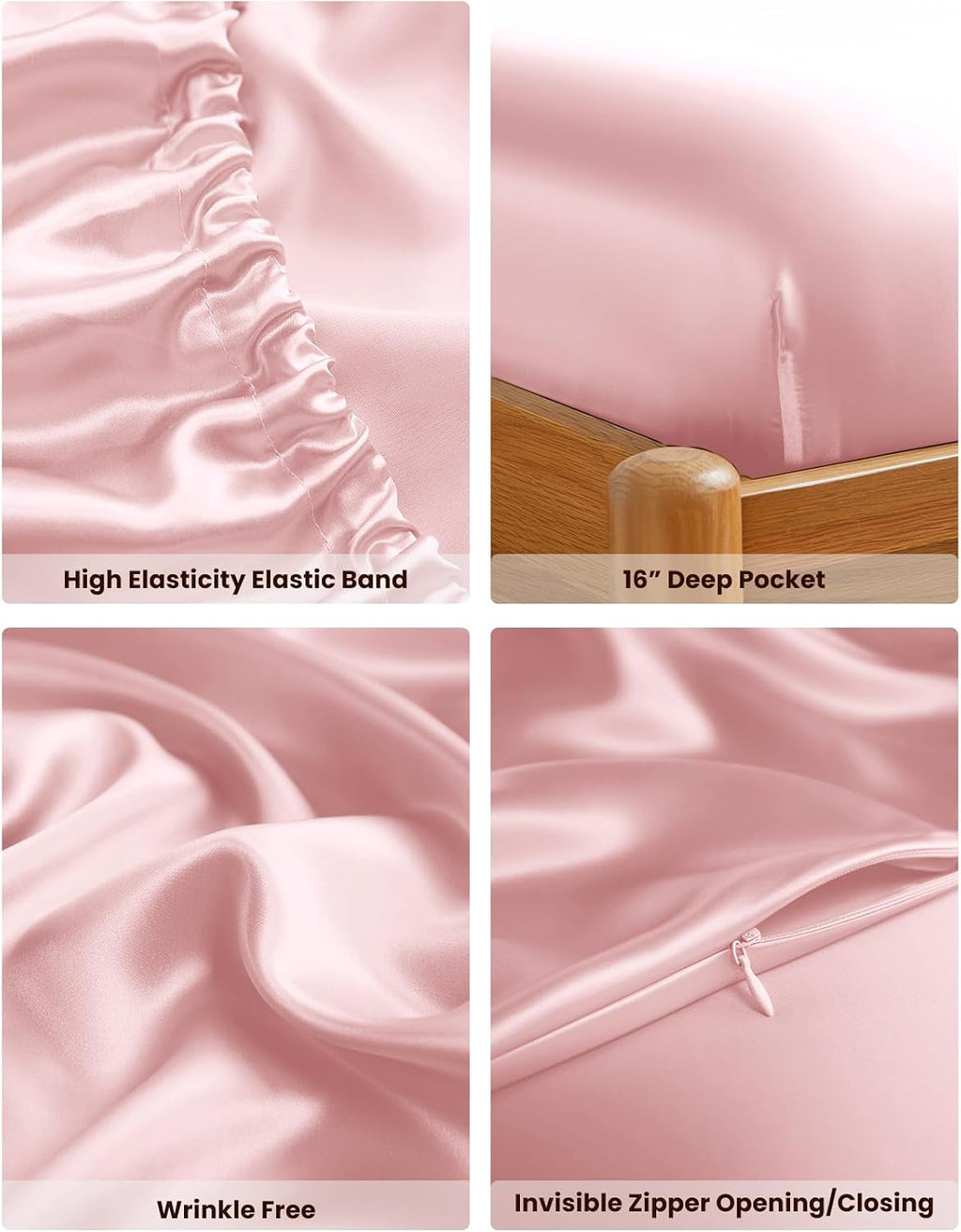 THXSILK 100% Mulberry Silk Bed Sheets Set - 4pcs Pure Silk Sheets Set - Flat Sheet, 16' Deep Pocket Fitted Sheet, 2 Pack Silk Pillowcase with Zipper Closure - Queen Size, Charming Pink