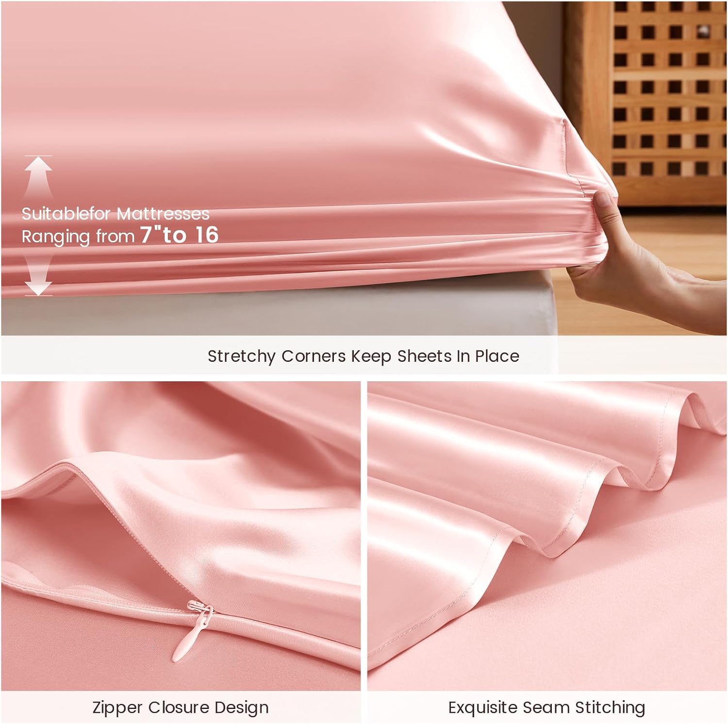 THXSILK 6A+ Top Grade 100% Pure Mulberry Silk King Fitted Sheet 3Pcs Set Bed Sheets Luxury Bedding for Hair and Skin Healthy Natural Materials, 1 Fitted Sheet with 2 Pillowcases, Charming Pink