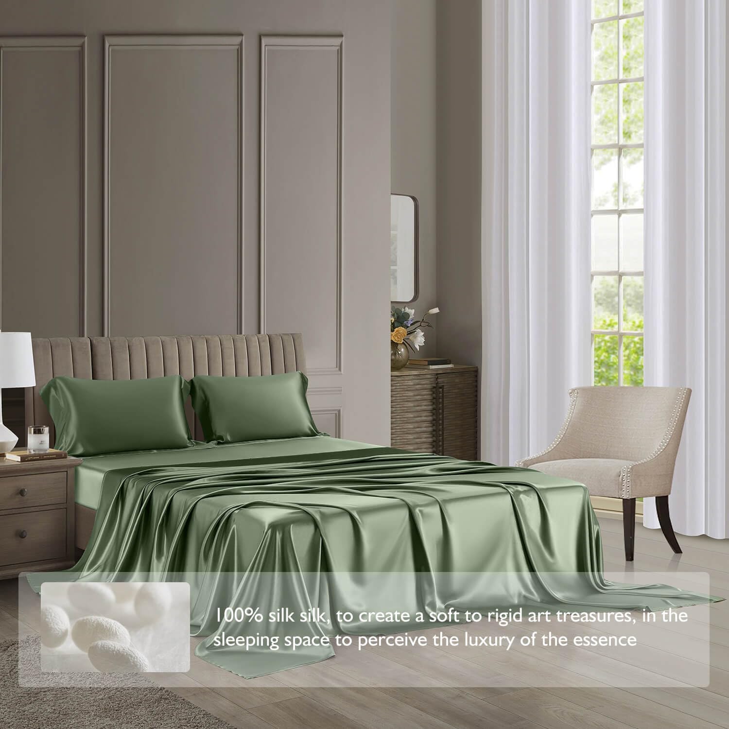 DISANGNI 22 Momme 100% Mulberry Silk Bedding Set - 4-Piece Luxury (2 Pillowcases, 1 Fitted Sheet, 1 Flat Sheet) - 6A Grade Natural Silk (Green, Queen)