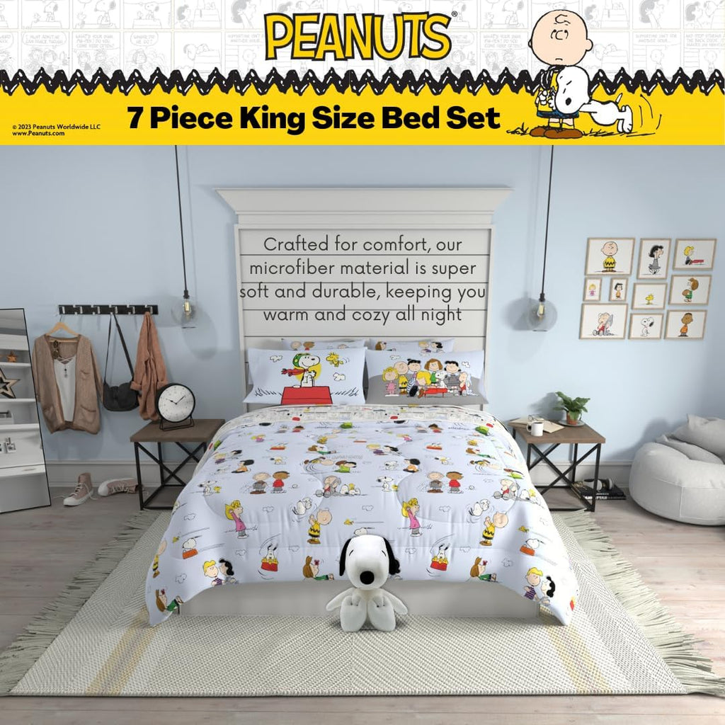Peanuts® Charlie Brown, Snoopy & Gang Bedding, 7 Piece Super Soft Cozy Reversible Comforter and Sheet Set with Sham, King, (100% Official Licensed Product) by Franco Collectibles