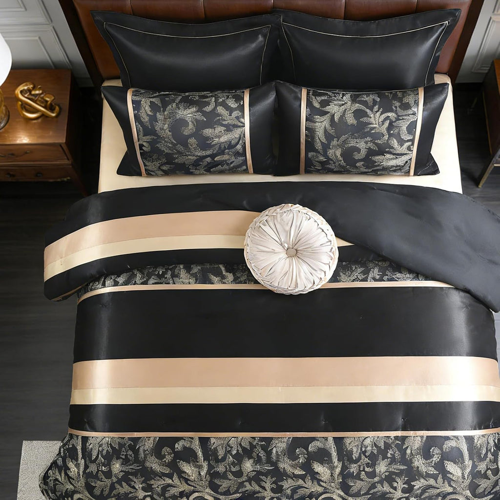 CozyDH Black Gold Comforter Set King Size - 7 Piece Luxury Jacquard Silky Bed in a Bag, Vintage Floral Striped Damask, All-Season Down Alternative Bedding with Bed Skirt, Shams, Decorative Pillow