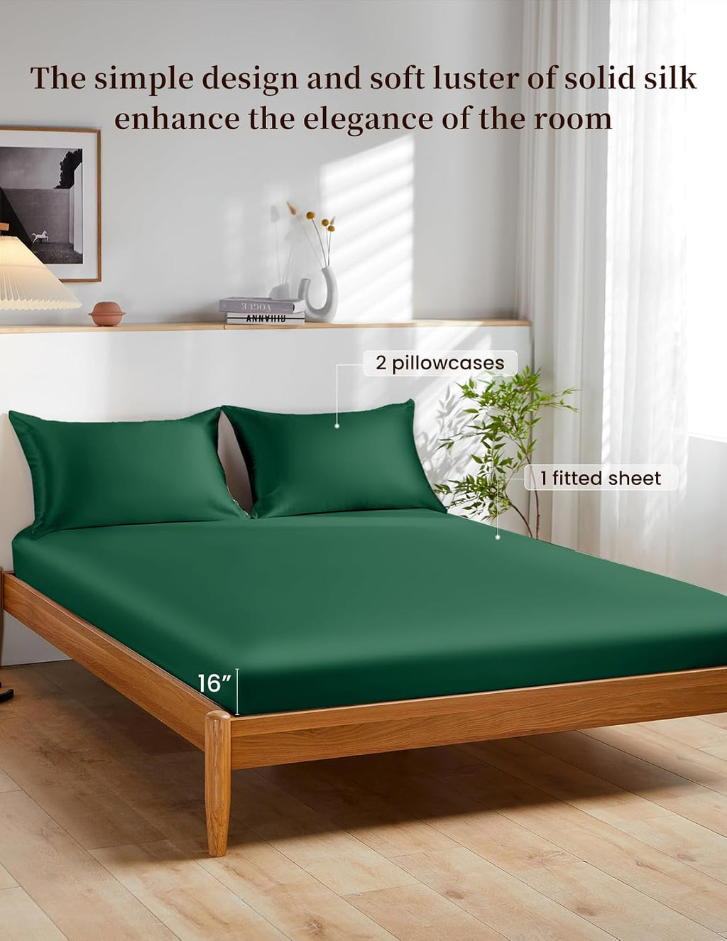 THXSILK 100% Mulberry Silk Bed Sheet Set - 3pcs Pure Silk Sheet Set - 16' Deep Pocket Fitted Sheet, 2 Pack Silk Pillowcase with Zipper Closure - Full Size, Emerald Green