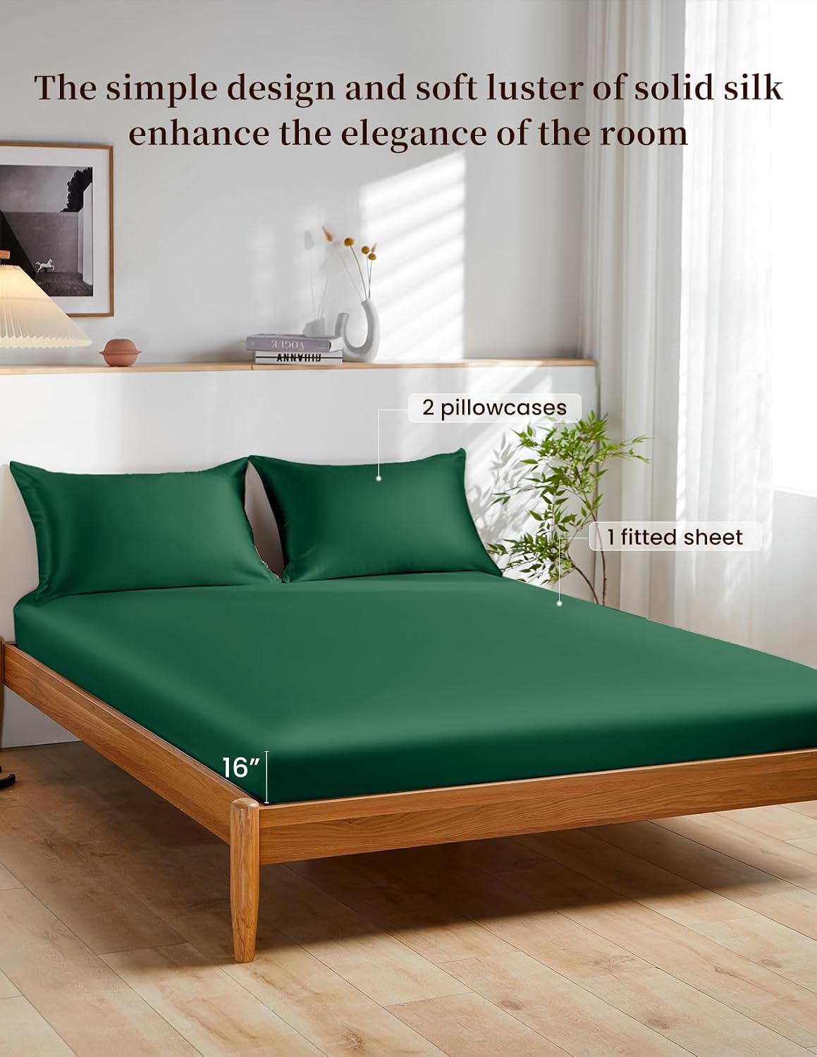 THXSILK 100% Mulberry Silk Bed Sheet Set - 3pcs Pure Silk Sheet Set - 16' Deep Pocket Fitted Sheet, 2 Pack Silk Pillowcase with Zipper Closure - Full Size, Emerald Green