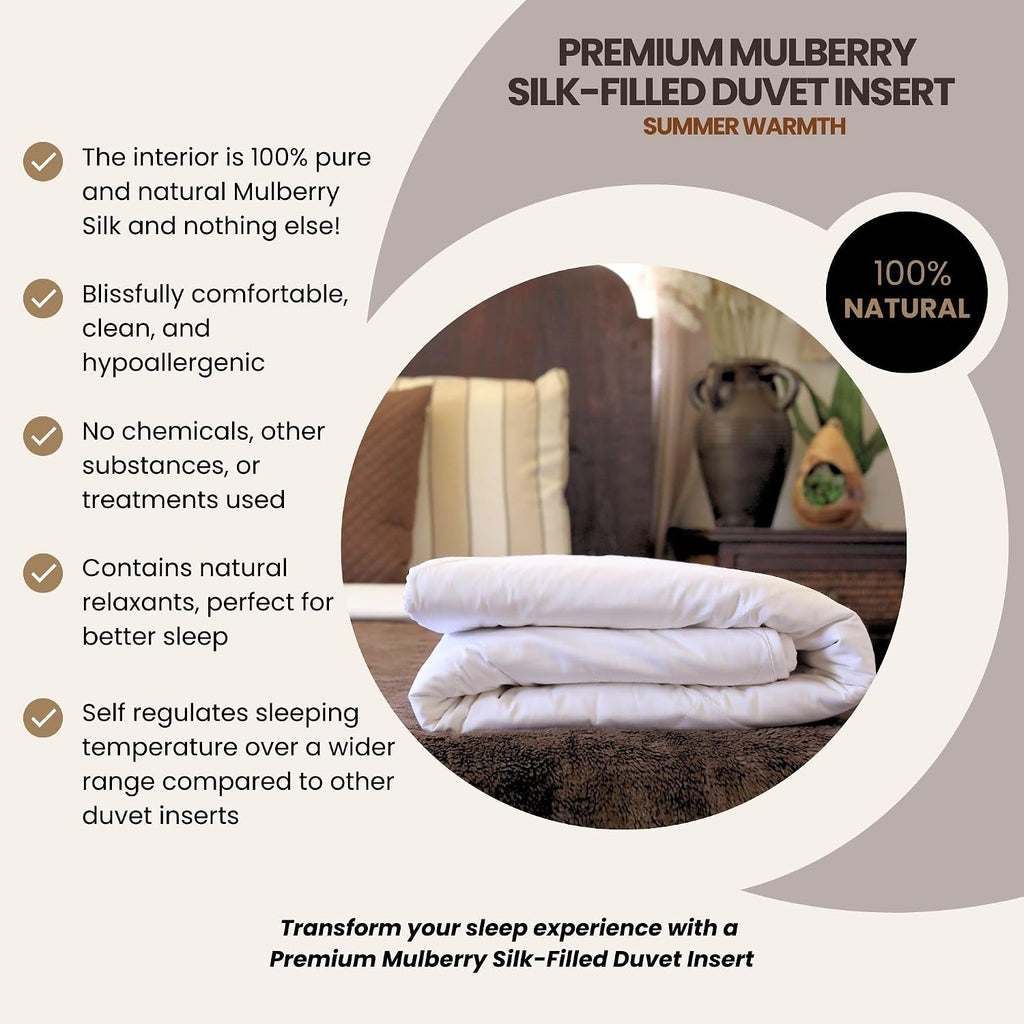 Silk Bedding Direct. Premium Mulberry Silk-Filled Duvet Insert. Summer Bliss (4 Tog). Full Size, 90' x 80'. A Hypoallergenic Haven for Comfort, Enveloping Your Dreams in Pure Mulberry Silk.