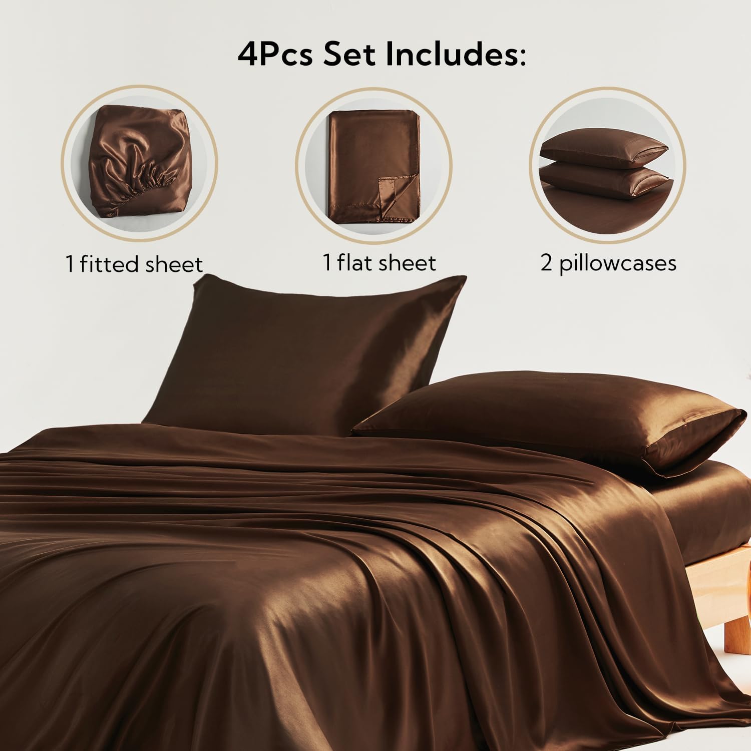16 Momme 100% Mulberry Silk Bedding Set Full XL Size 4-Piece Luxury (2 Pillowcases, 1 Fitted Sheet, 1 Flat Sheet) - 6A Grade Natural Silk Fits 22-25' Deep Pocket (Solid, Chocolate)