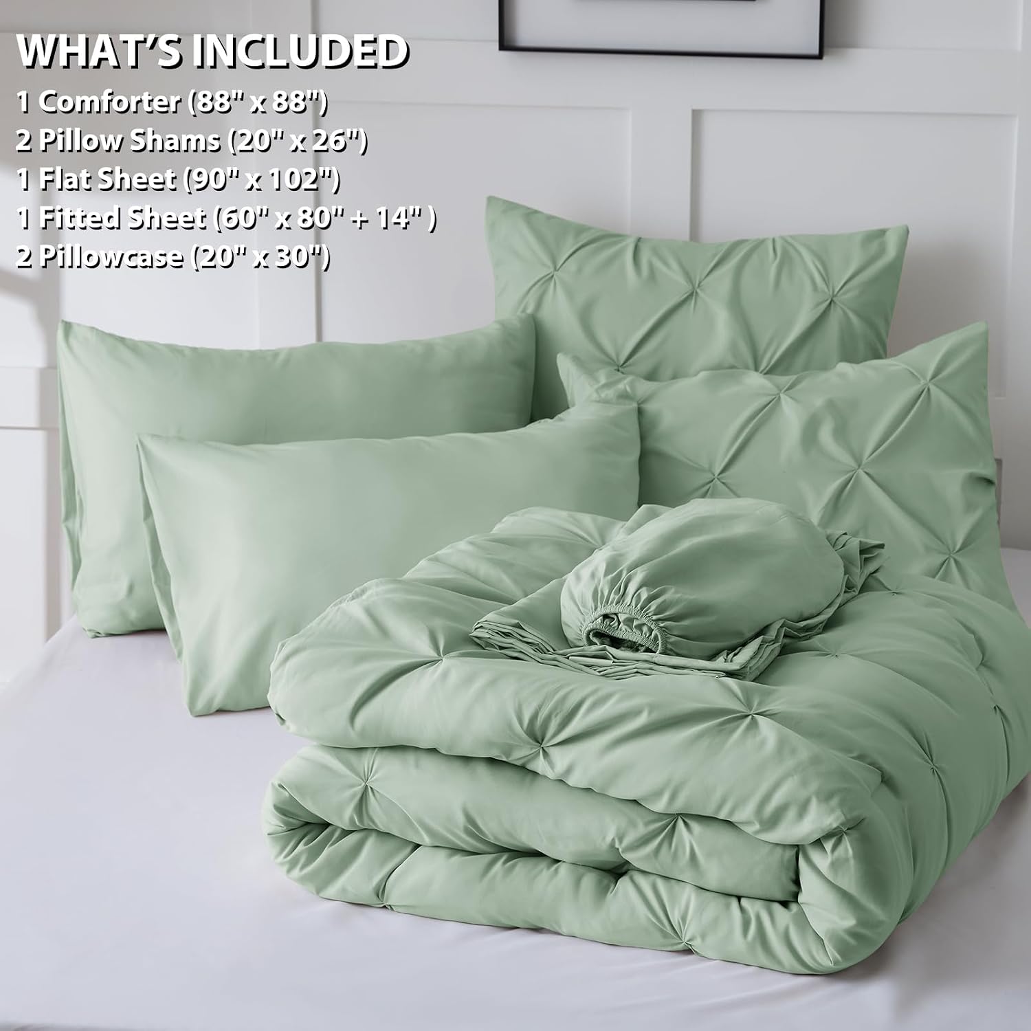 Full Size Comforter Set 7 Pieces Bed in a Bag 100% Cotton Sage Green Comforter Full Pintuck Bed Sets Pinch Pleat Bedding Sets Comforter, Flat Sheet, Fitted Sheet, Pillowcases & Shams
