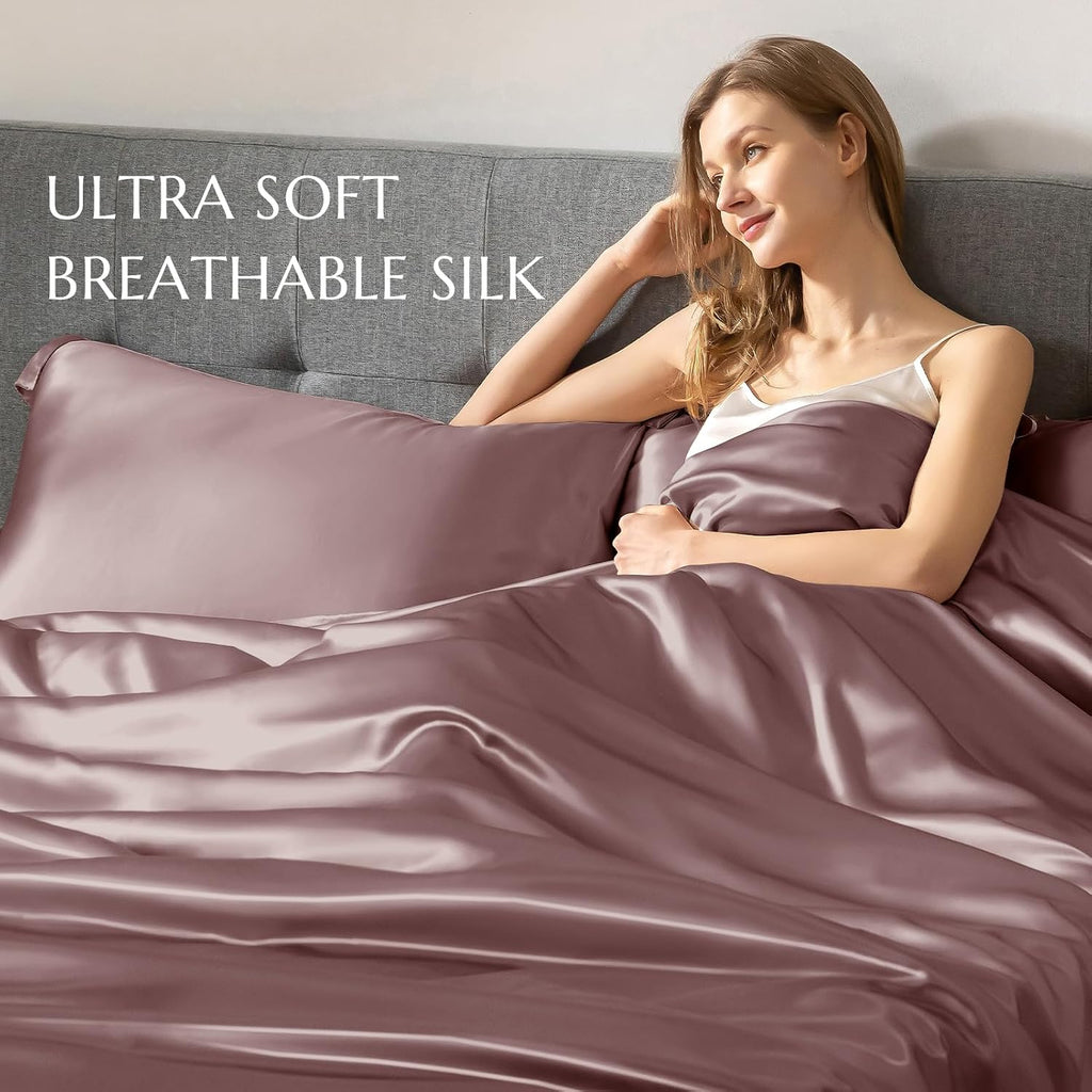 THXSILK 100% Silk Sheet Set, 7A+ Silk Sheet Set Soft Breathable, Luxury Bedding (1 Duvet Cover, 1 Fitted Sheet, 2 Pillow Shams), King, Purple