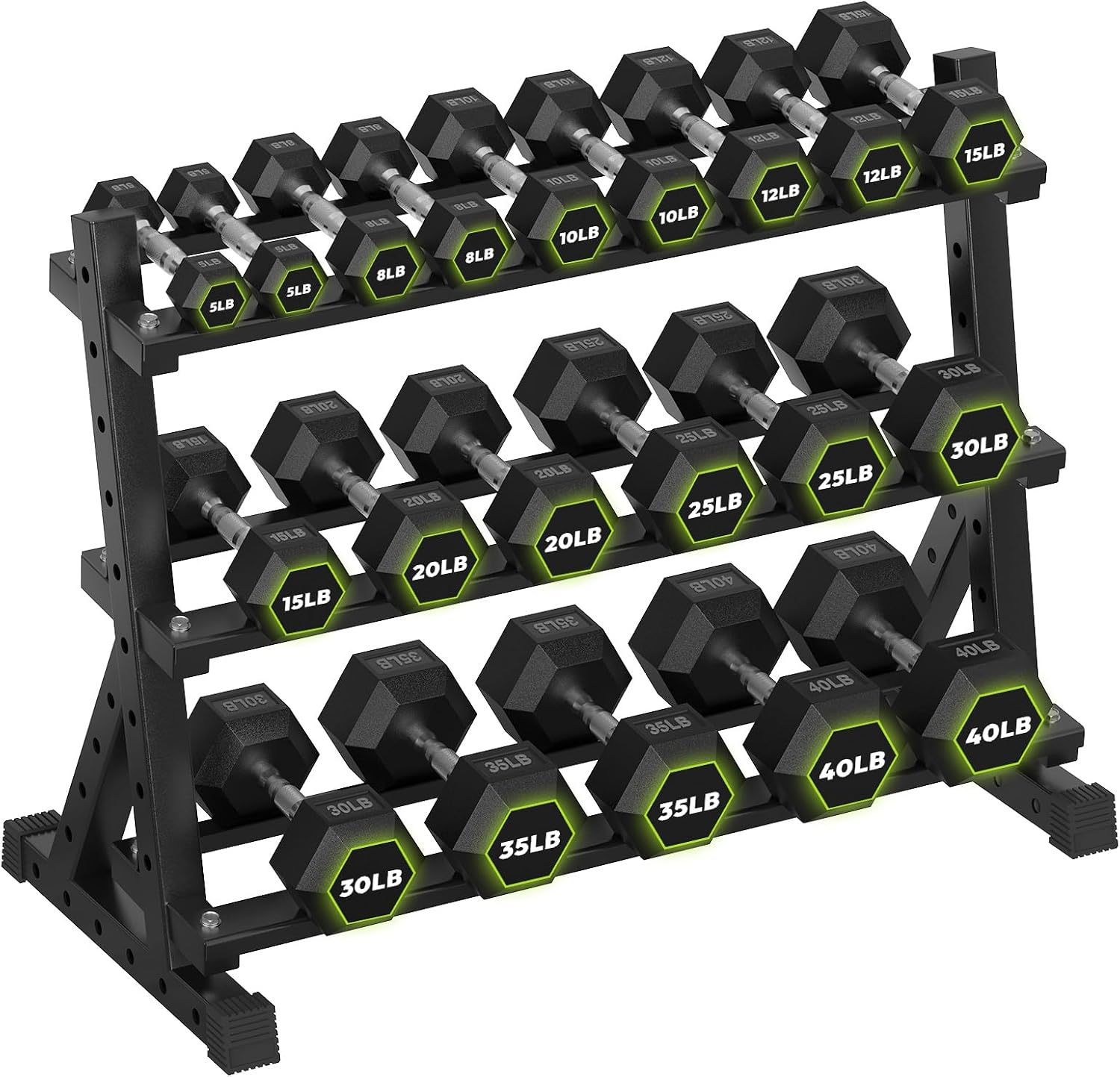 HANDBODE 3-Tier Dumbbell Rack Stand, 1000LB Capacity Storage Rack, Weight Rack for Dumbbells, Kettlebell, 390–700 lb Rubber Coated Fixed Weight Sets, Home Gym Strength Training Equipment