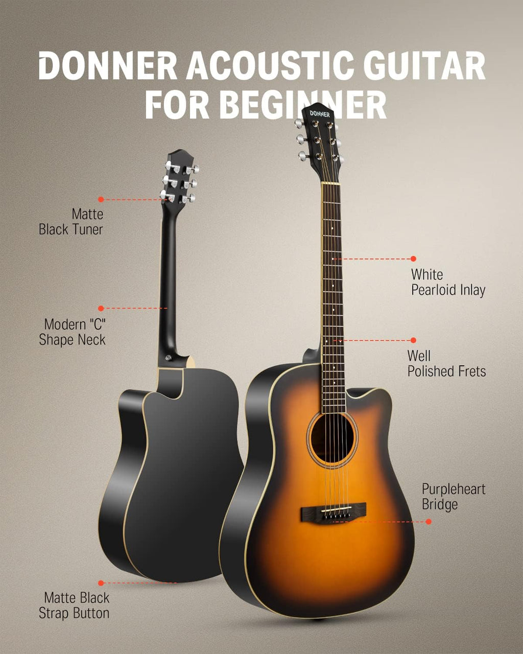 Donner Acoustic Guitar for Beginner Adult Full Size Cutaway Acustica Guitarra Bundle Kit with Free Online Lesson Bag Strap Tuner Capo Pickguard String Pick, Right Hand 41'Sunburst, DAG-1CS/DAD-160CS