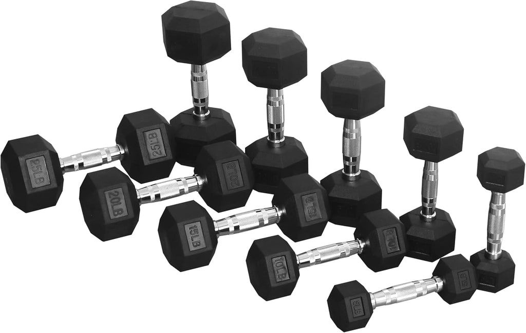 Signature Fitness Rubber Encased Hex Dumbbell, Set Including 5, 10, 15, 20, 25LB Pairs