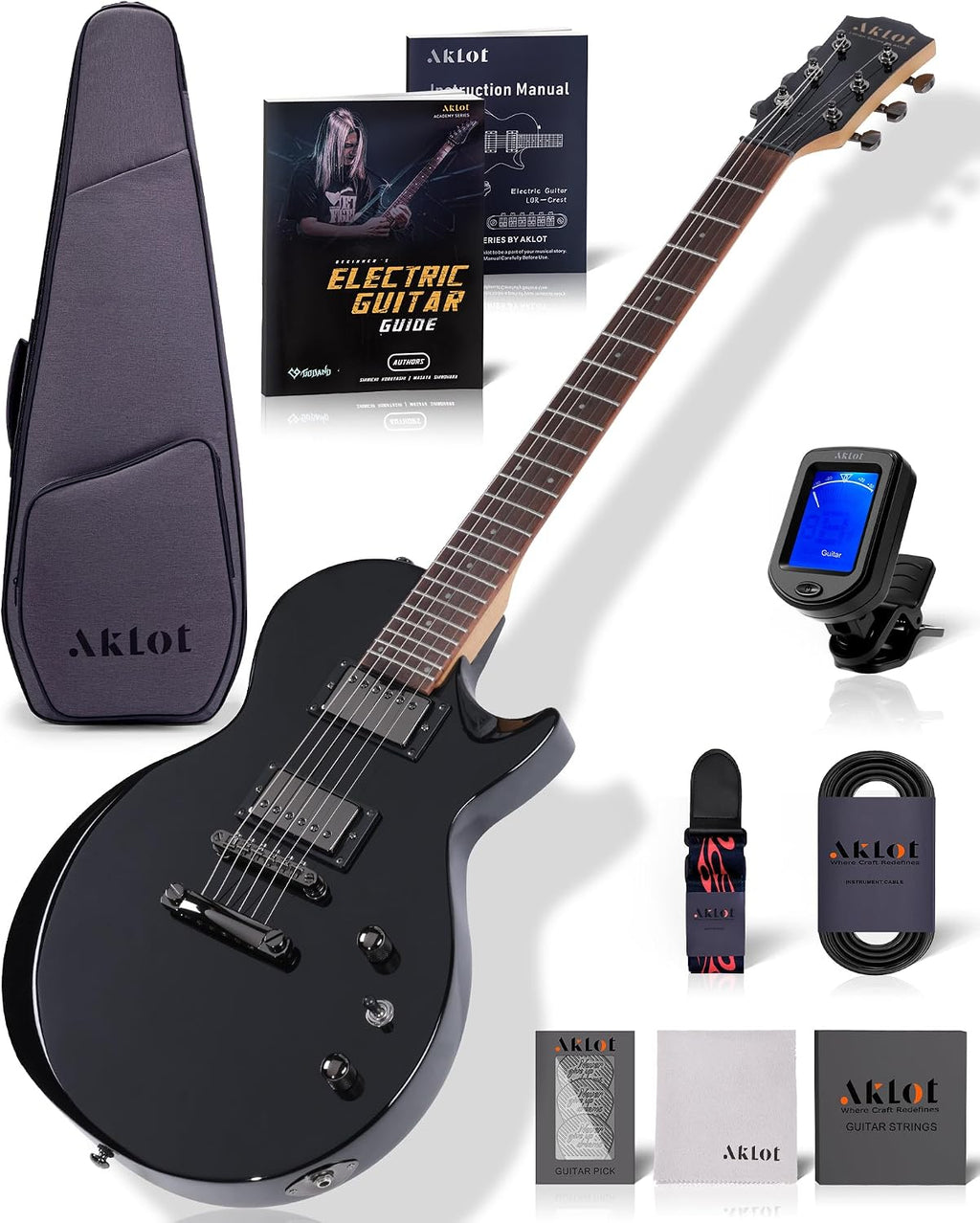 AKLOT 24-Fret Electric Guitar Kit, 40 inch Single Cut (LP Style), Modern Playability Coil-Split Humbucker Pickups, 18:1 Tuning Pegs,W/Guitar Accessories Gig Bag,Cable,Strap,Picks,Strings,Tuner,Book