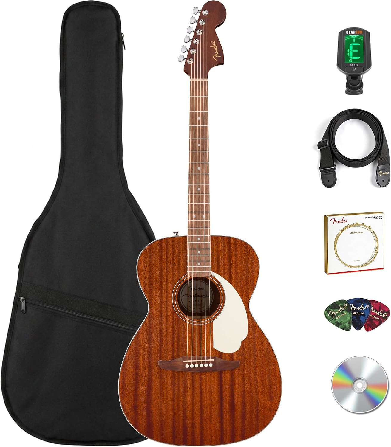 Fender California Standard Monterey E Acoustic-Electric Guitar - Natural Sapele Bundle with Gig Bag, Tuner, Strap, Strings, Picks, and Austin Bazaar Instructional DVD