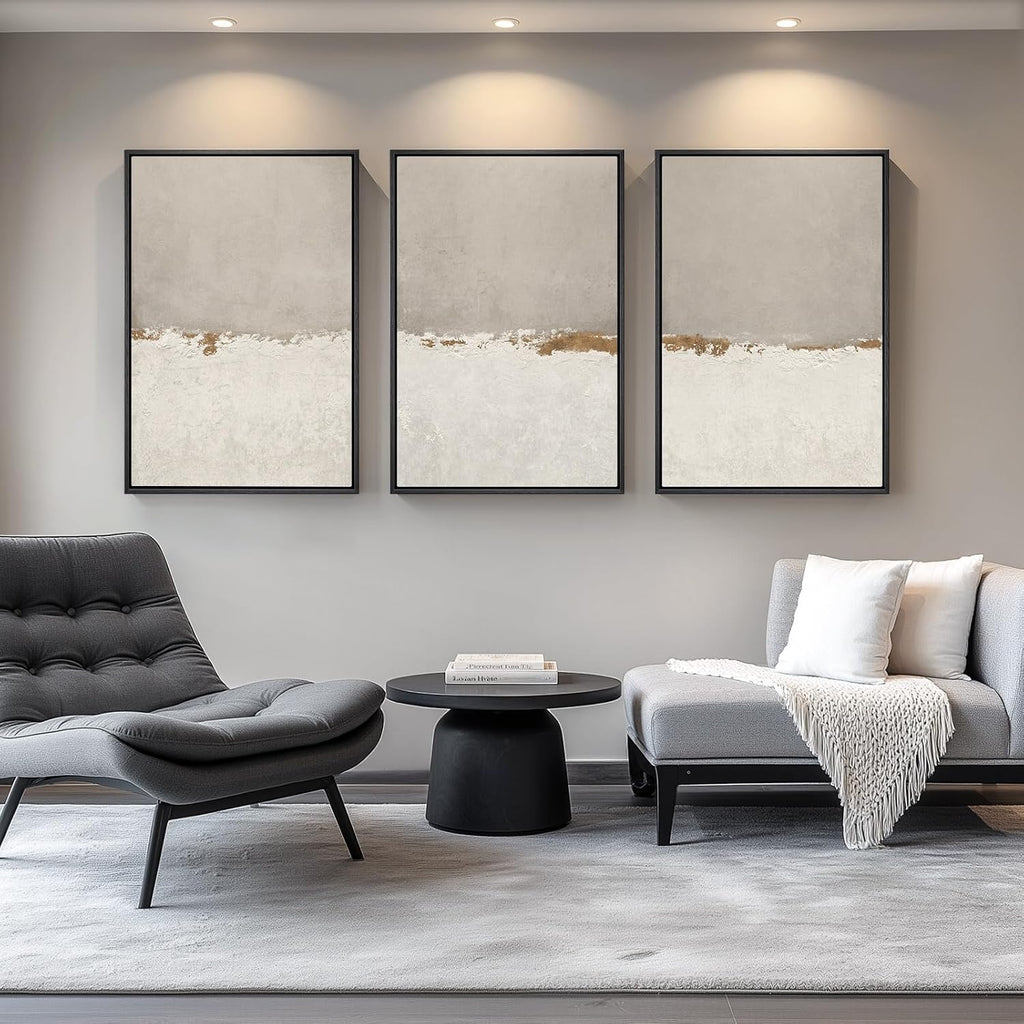 Large Framed Neutral Abstract Wall Art for Living Room, 3 Piece Modern Canvas Prints Paintings Artwork for Walls, Minimalist Beige Abstract Horizon Pictures for Hallway, Office Wall Decor 24x36 In