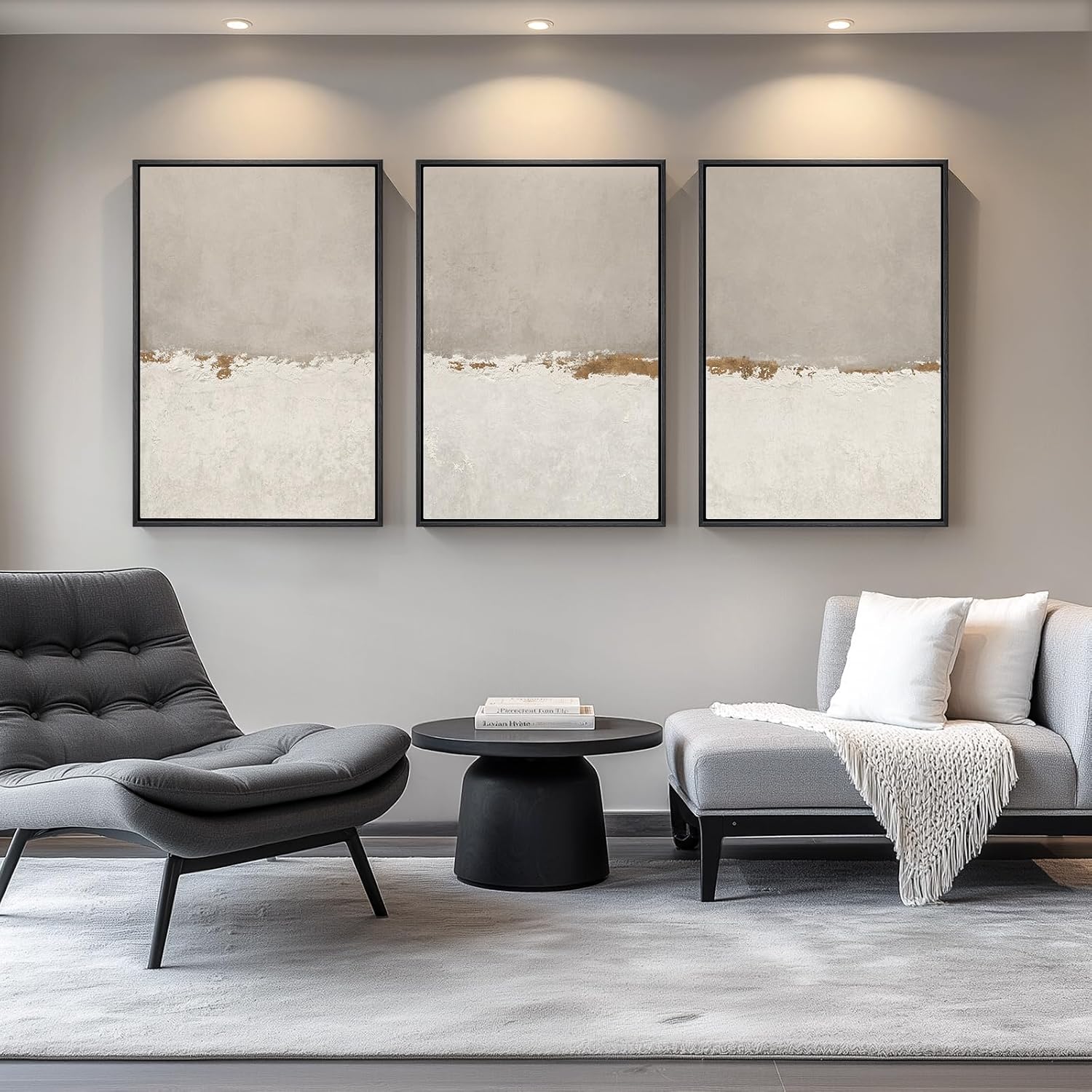 Large Framed Neutral Abstract Wall Art for Living Room, 3 Piece Modern Canvas Prints Paintings Artwork for Walls, Minimalist Beige Abstract Horizon Pictures for Hallway, Office Wall Decor 24x36 In