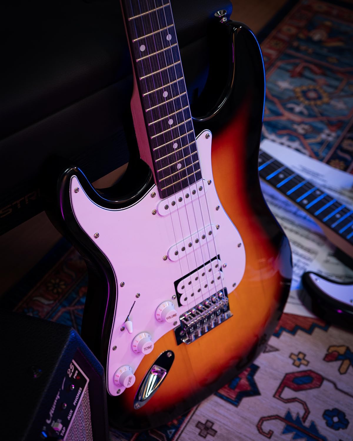 STRICH Electric Guitar Left Hand Beginner Kit, Solid Body 39' Electric Guitar HSS Pick Up for Starter, with 5W x 2 Amp, Bag, Capo, Strap, String,Cable, Picks, SST-S20L Sunburst