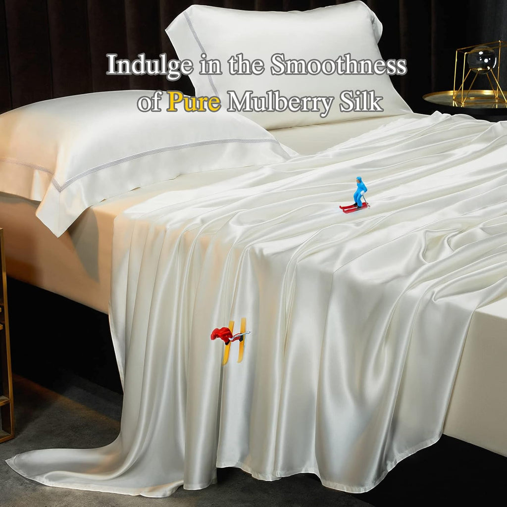 YOUR MOON 100% Mulberry Silk Sheets Set King Size 4 Pcs, 25 Momme Mulberry Silk Bed Sheets, Ultra Soft Luxury Bedding Sets, 1 Fitted Sheet, 1 Flat Sheet, 2 Pillow Shams (White)