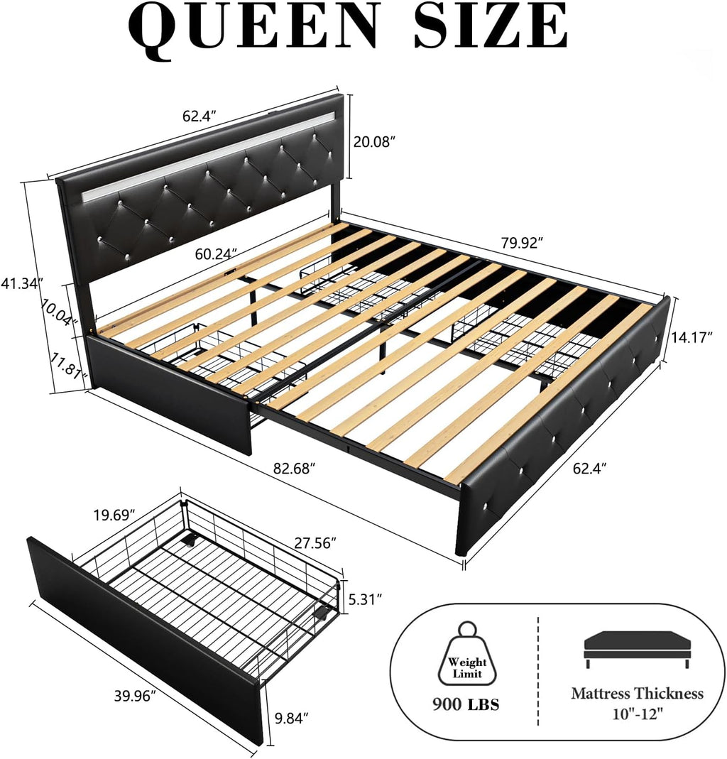 Bed Frame Queen Size with LED Light and Storage Drawers, Adjustable Headboard with PU Leather Upholstered, 2 Sockets and 2 USB Ports, No Box Spring Needed, Wooden Slats Support, Black