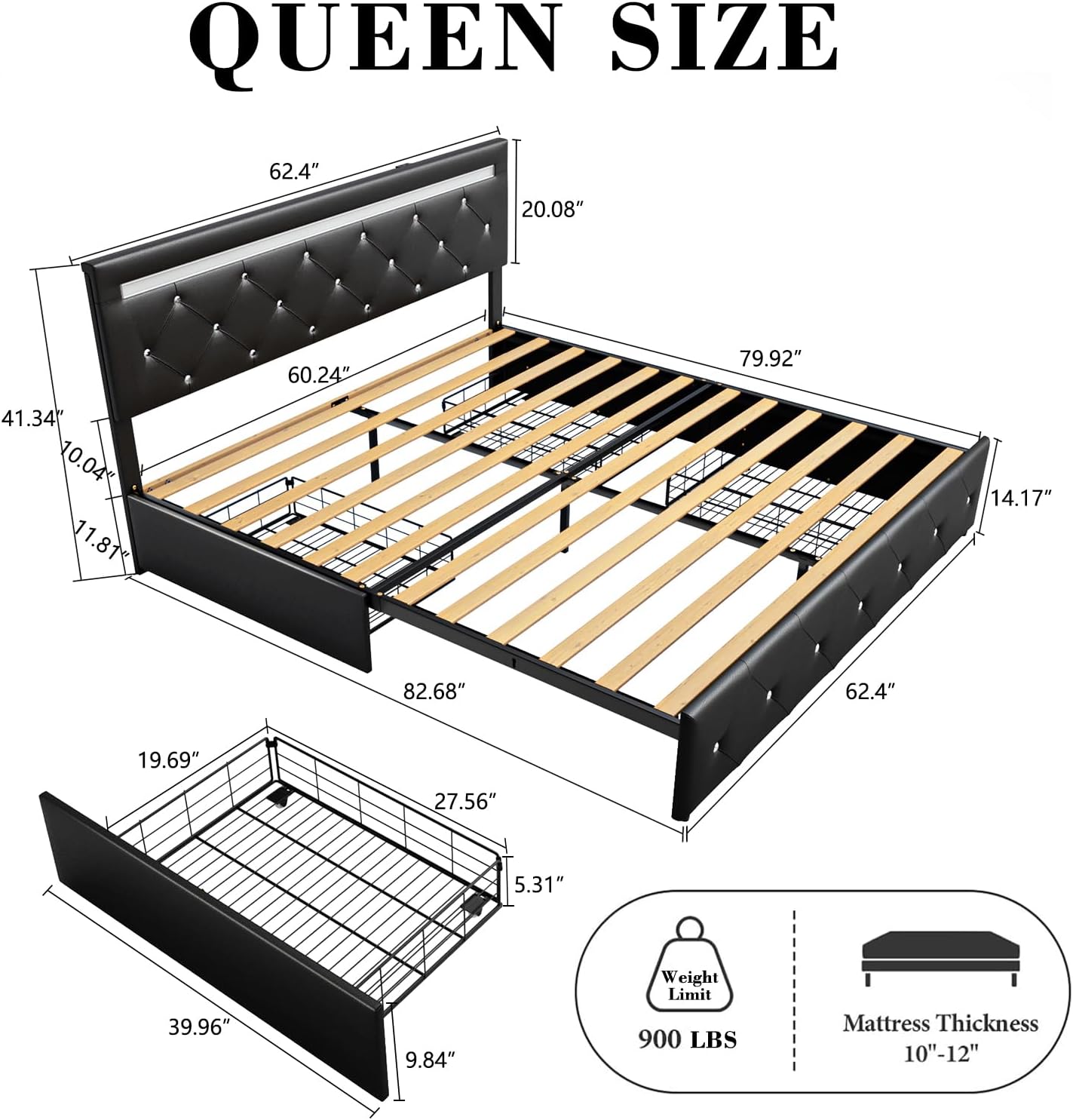 Bed Frame Queen Size with LED Light and Storage Drawers, Adjustable Headboard with PU Leather Upholstered, 2 Sockets and 2 USB Ports, No Box Spring Needed, Wooden Slats Support, Black