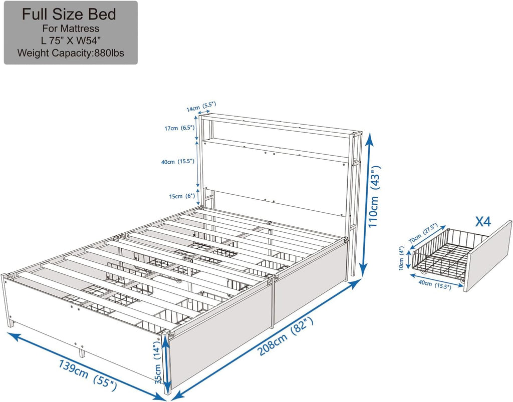 Panana Full/Queen Size Bed Frame with 4 Storage Drawers and Headboard, 2 Tier Shelves Headboard Storage, with Slats, Noise Free, No Box Spring Needed (Vintage Brown, Full)