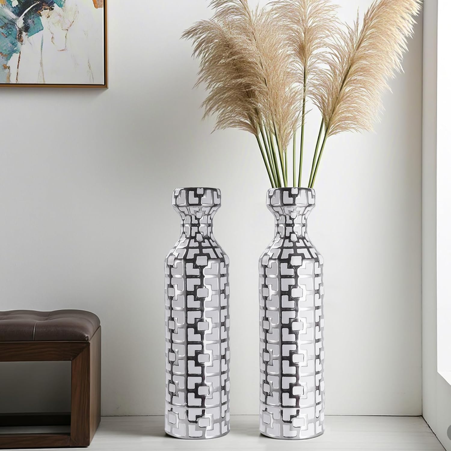 24.4 inch Tall Floor Vases Set of 2. White Vase with Silver Geometric Patterns, Ceramics Modern Flower Vases for Living Room, Entryway, Indoor/Outdoor Decor, Large Vase for Home Decor