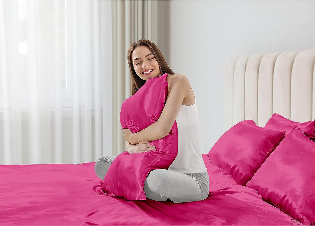 6 Piece Mulberry Silk Sheet Set Queen Size (60x80)+ Upto 16 Inch Deep Pocket Hot Pink Color Smooth Soft and Silk Bed Sheets Queen Size Bedding Set