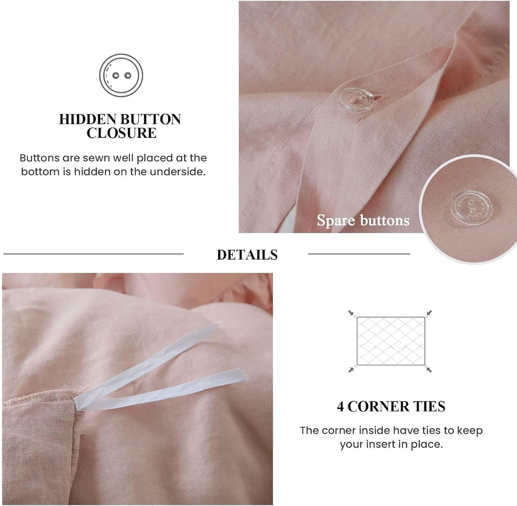 Simple&Opulence 100% Linen Duvet Cover Set, 3 PCS Natural French Flax Blush Pink Ruffle Duvet Cover Queen Size, Breathable Comfy Linen Bedding Comforter Cover with 2 Pillowcases(Blush Pink, 88' X 92')