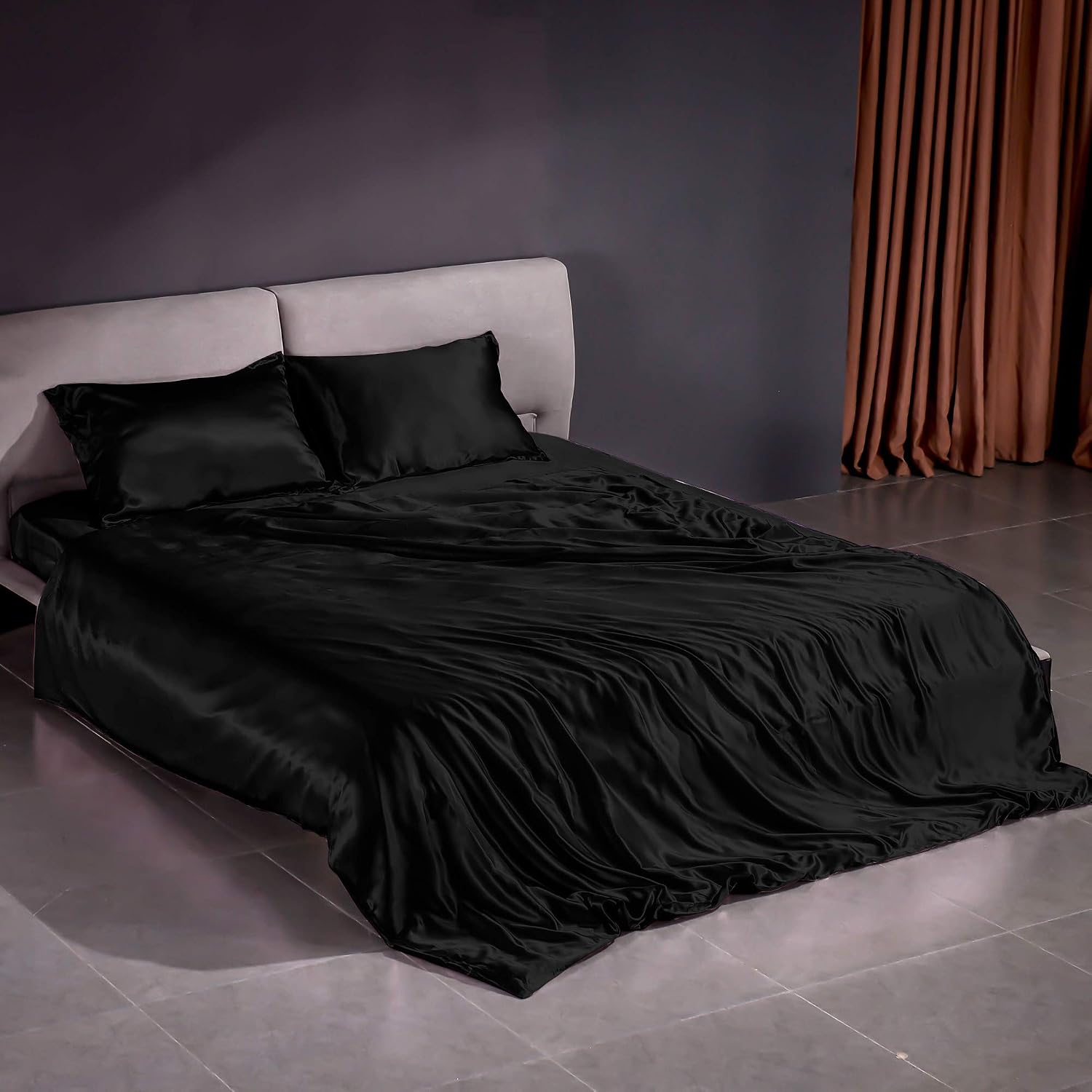 THXSILK 100% Silk Sheet Set, 22 Momme 7A+ Silk 4 Pieces Sheet Set, Soft Breathable, Luxury Bedding (1 Duvet Cover, 1 Fitted Sheet, 2 Pillow Shams), California King, Black
