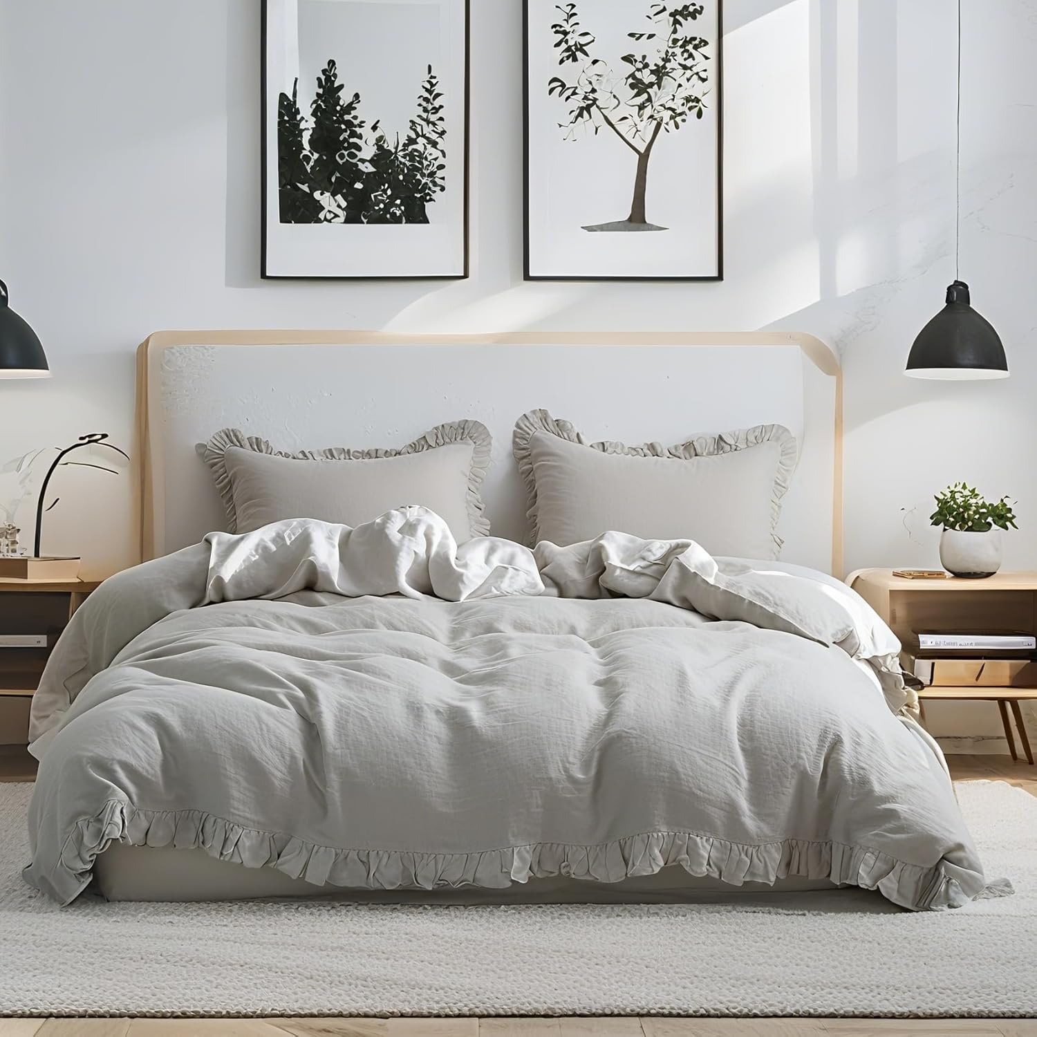 Simple&Opulence 100% Linen Duvet Cover Set, 3 PCS Natural French Flax Light Grey Ruffle Duvet Cover Queen Size, Breathable Comfy Linen Bedding Comforter Cover with 2 Pillowcases(Light Grey, 88' X 92')