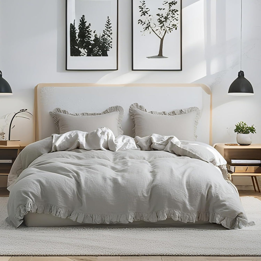 Simple&Opulence 100% Linen Duvet Cover Set, 3 PCS Natural French Flax Light Grey Ruffle Duvet Cover King Size, Breathable Comfy Linen Bedding Comforter Cover with 2 Pillowcases(Light Grey, 104'X 92')