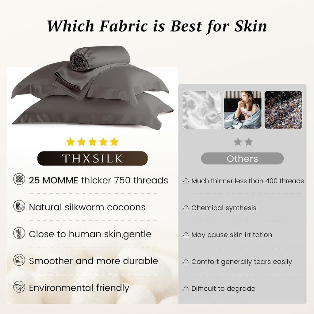 THXSILK Silk Sheet Set 4 Pcs, 25 Momme 100% Top Grade Pure Mulberry Silk Bed Sheets Luxury Bedding Sets Ultra Soft Durable, 1 Fitted Sheet, 1 Flat Sheet and 2 Pillow Shams (Full, Charcoal)