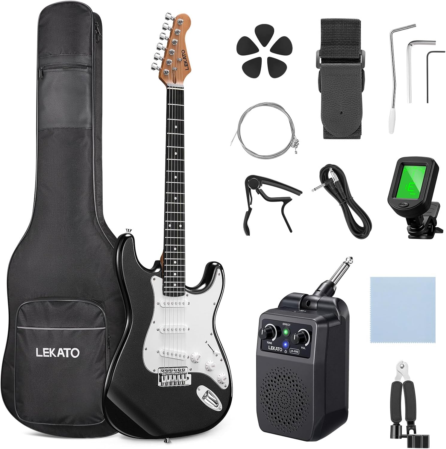 LEKATO Beginner Electric Guitar Kit 39 Inch Full Size Solid Body Guitar SSS for Starter Roasted Maple Neck Stainless Steel Frets, 5w Plug-in Amp, Bag, Tuner, Capo, Strap, Picks, String, Cable - Black